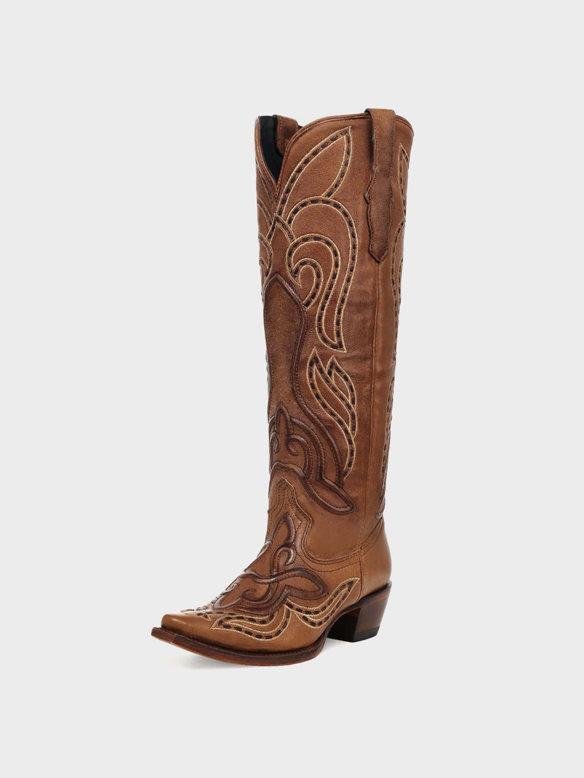 Tan Snip-Toe Embroidery And Running Stitch Half-Zip Chic Knee High Cowgirl Boots