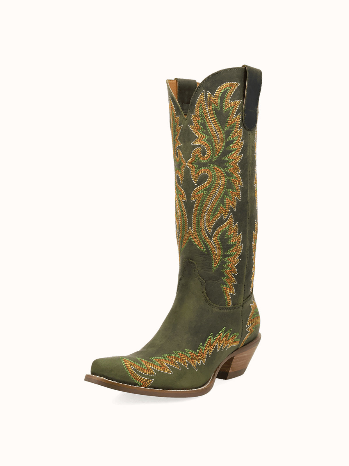 Olive Green Snip-Toe Chic Flame Embroidery Sleek Mid Calf Cowgirl Boots