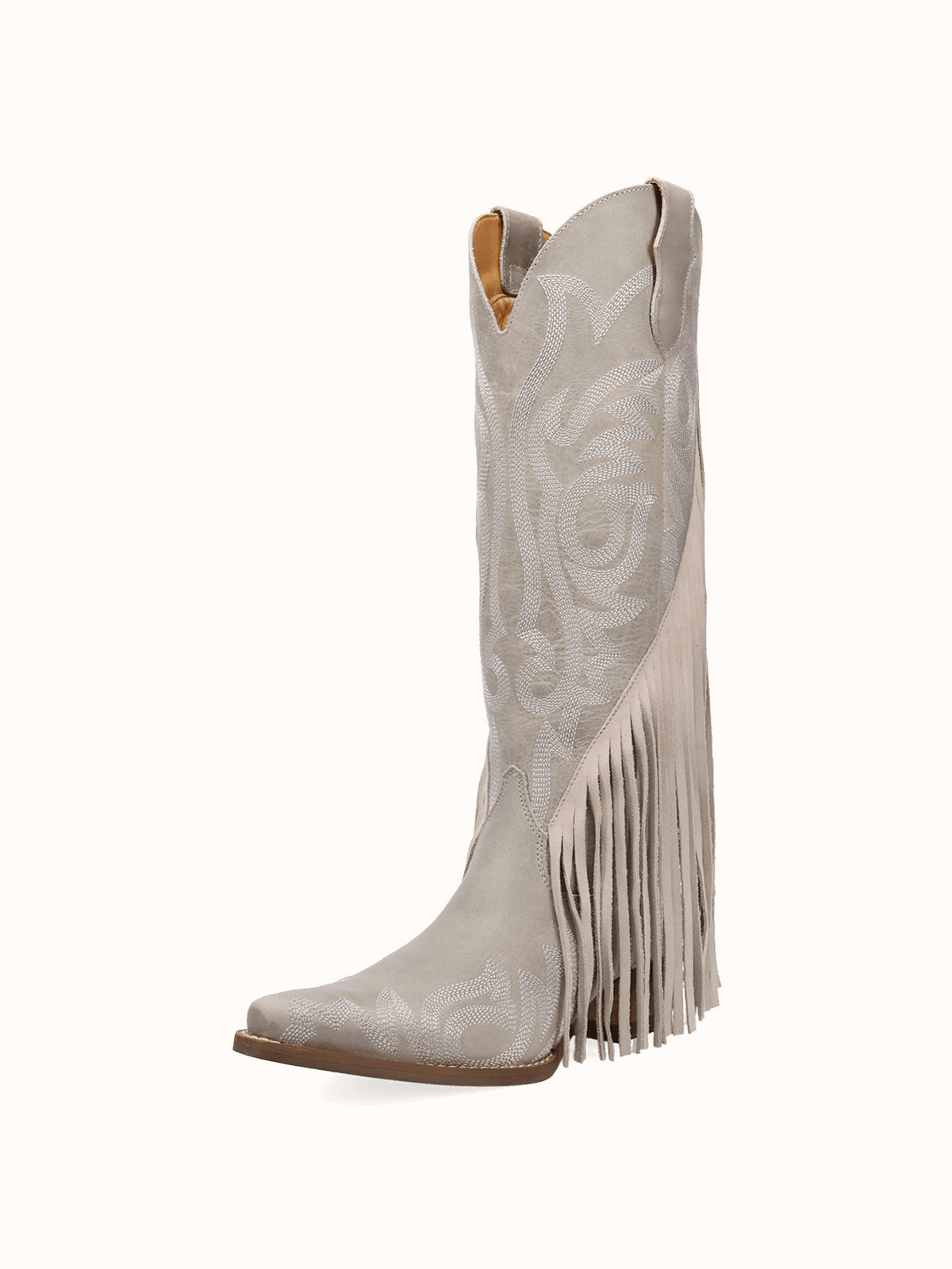 Bone Snip-Toe Faux Suede Side Fringe Embroidery Wide Calf Knee High Cowgirl Boots