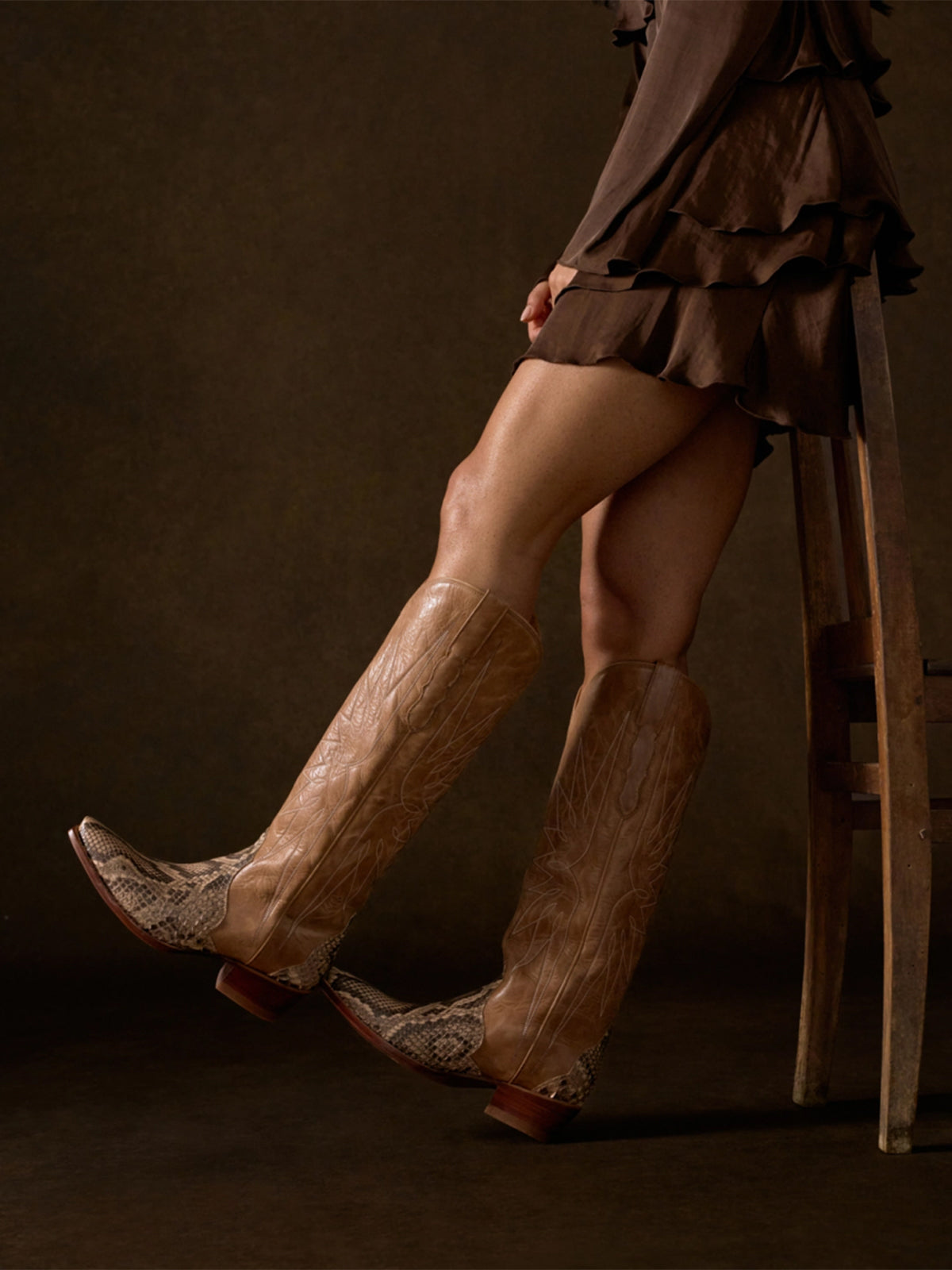 Sand Vegan Leather And Snakeskin Pattern Snip-Toe Embroidery Wide Calf Knee High Cowgirl Boots