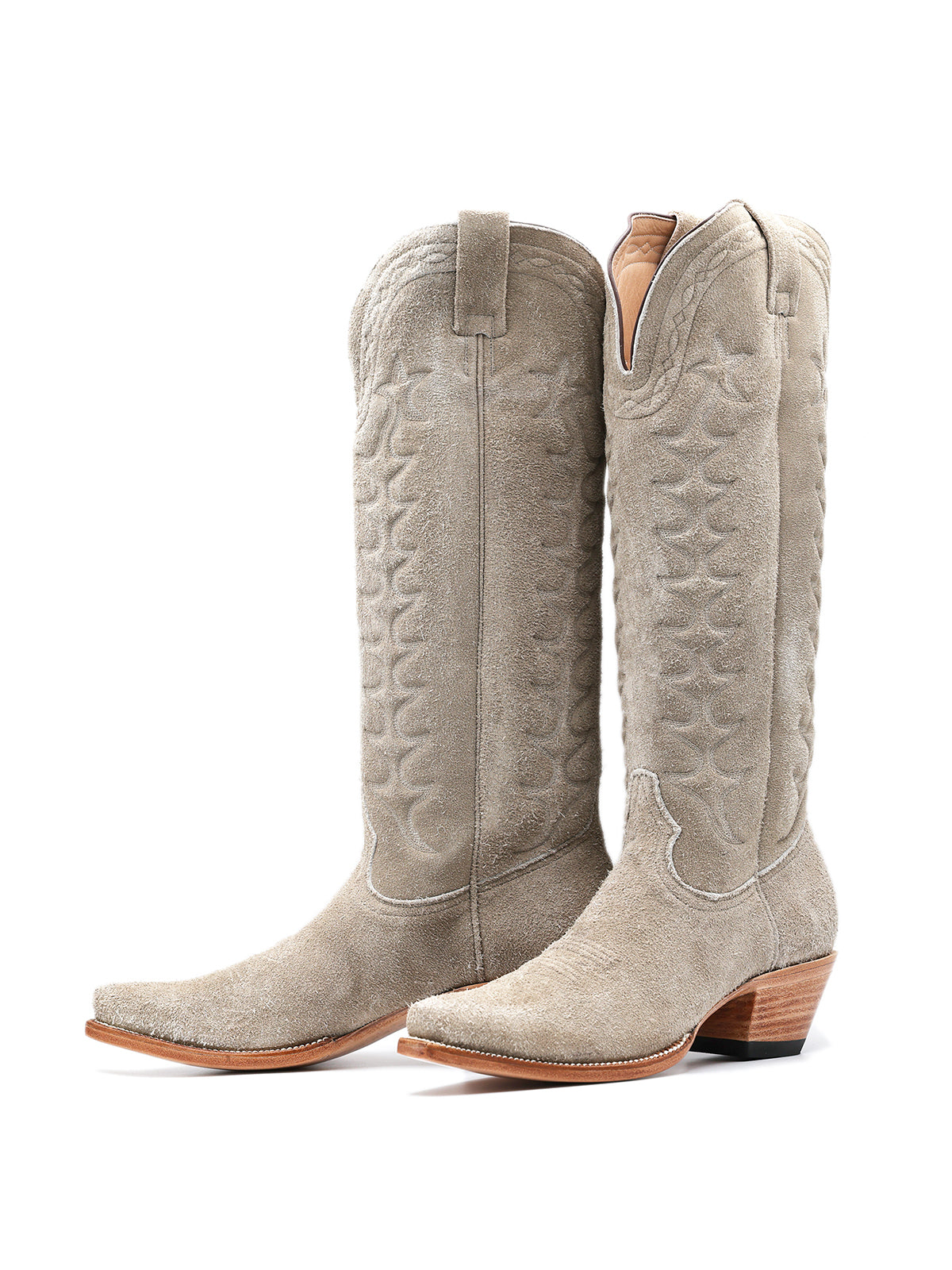 Gray Faux Suede Padded Embroidery Pointed-Toe Wide Mid Calf Tall Cowgirl Boots