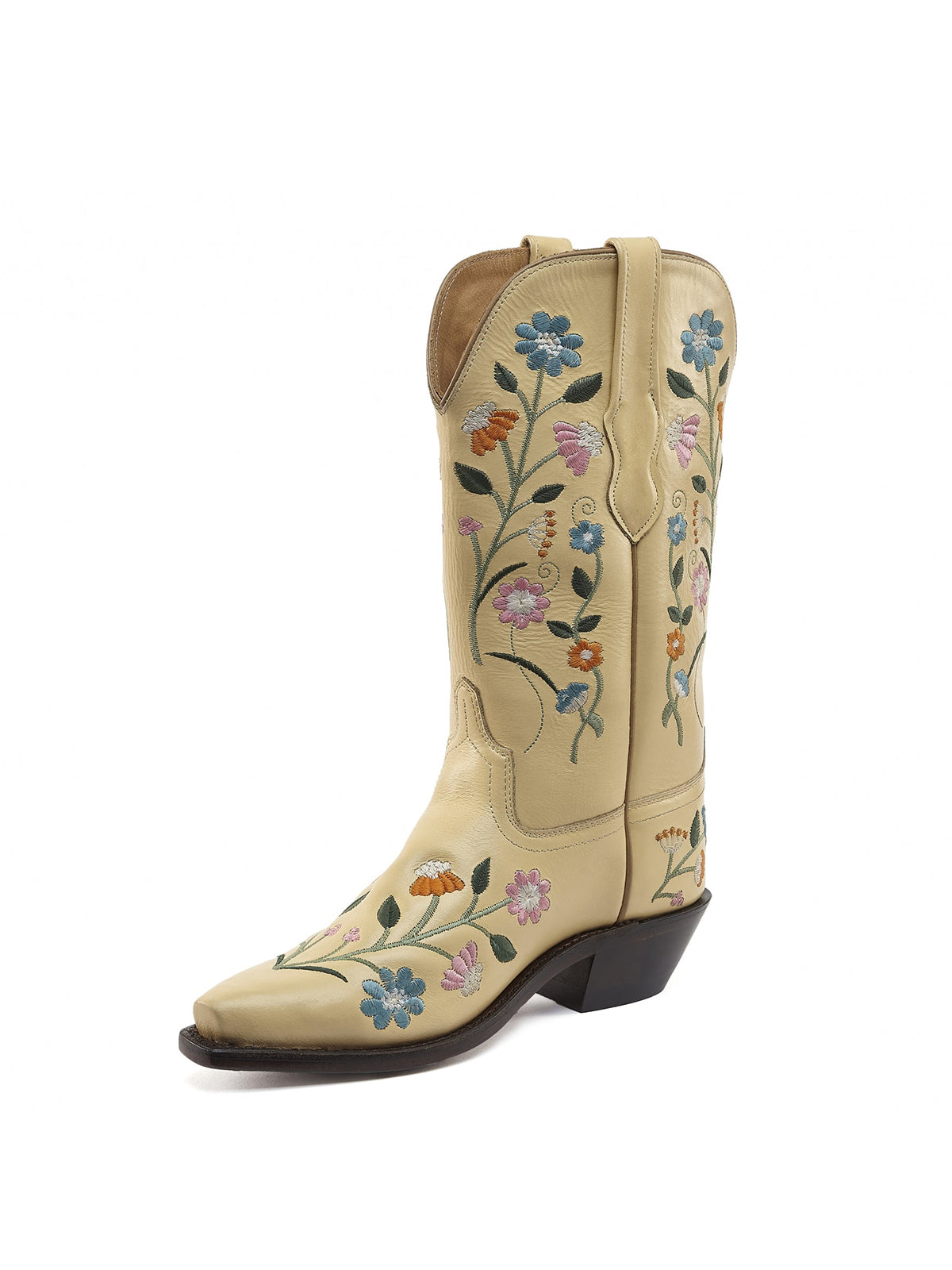 Yellow Floral Embroidery Snip-Toe Wide Mid Calf Cowgirl Boots