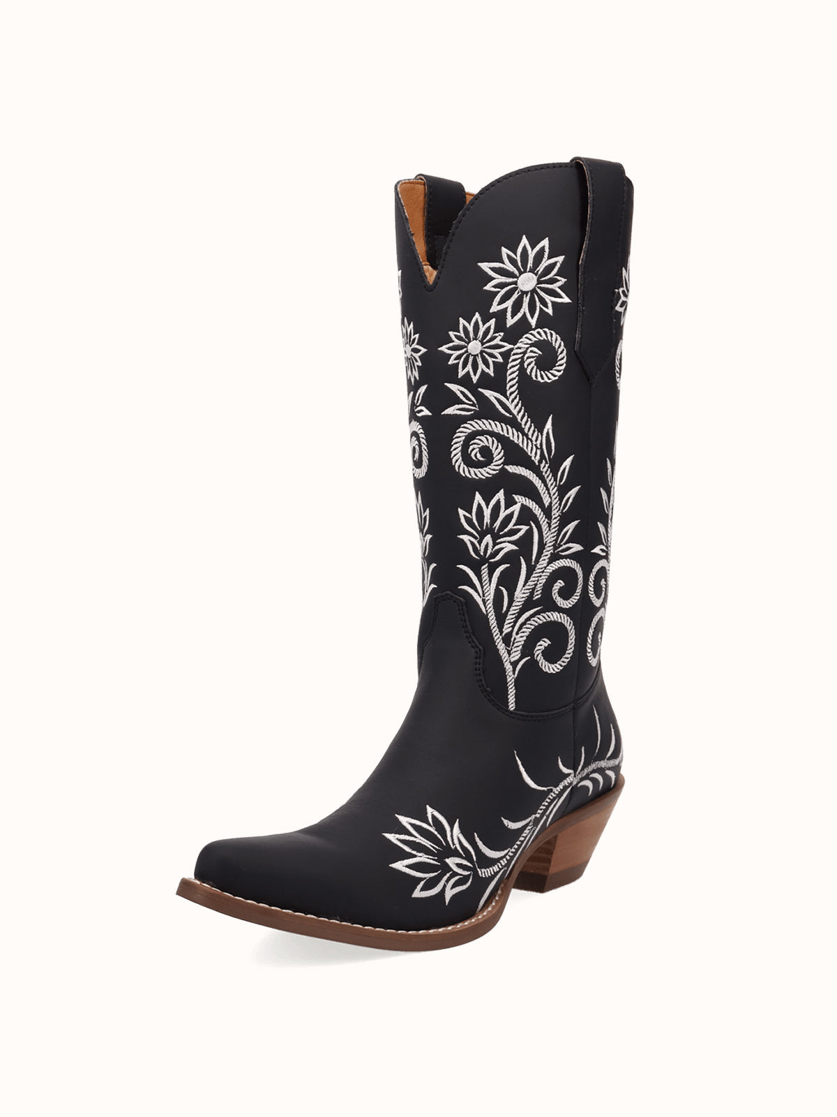 Black Snip-Toe White Flowers Embroidery Chic Mid Calf Cowgirl Boots