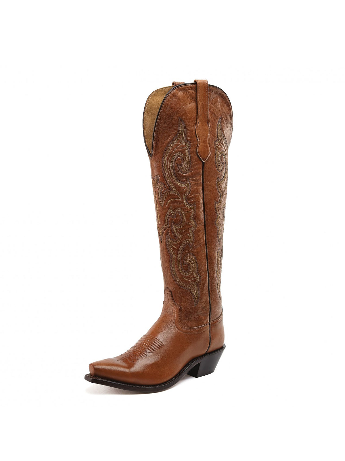Brown Western Embroidery Tall Snip-Toe Knee High Cowgirl Boots