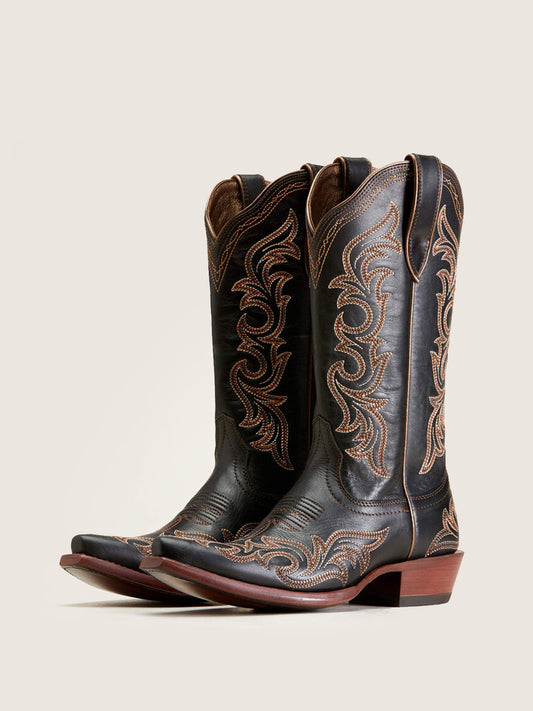 Black Snip-Toe Western Embroidery Mid Calf Cowgirl Boots For Women