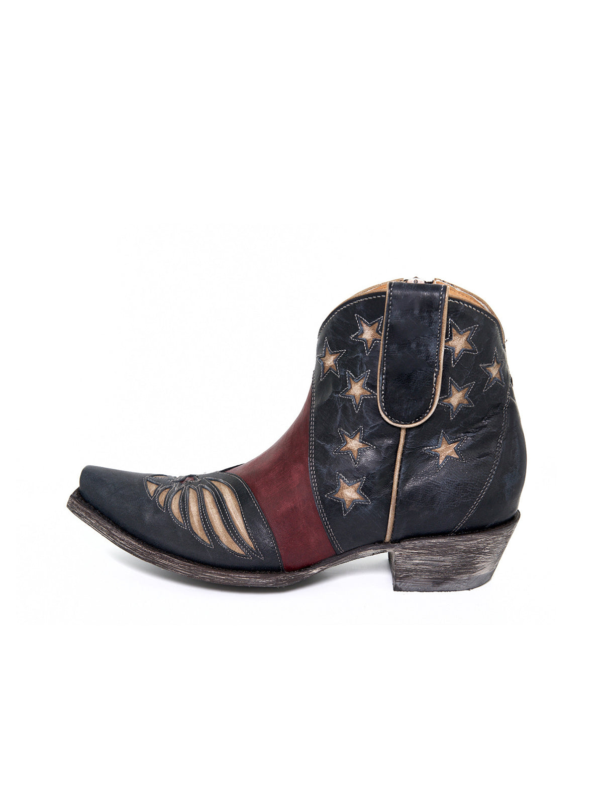 Contrast Tri-Color Snip-Toe Stars Inlay Full-Zip Ankle Cowgirl Boots