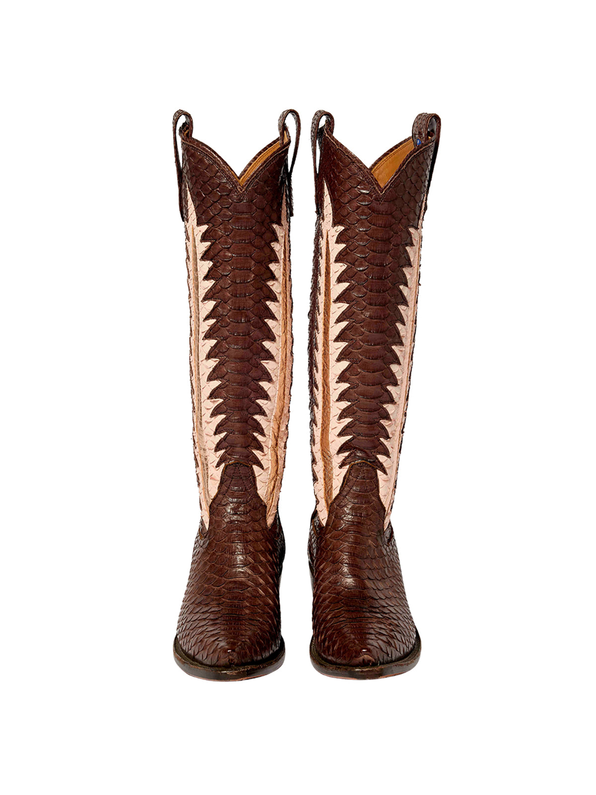 Chocolate Snakeskin Vegan Leather Gold Leaf Inlay Wide Calf Tall Knee High Cowgirl Boots