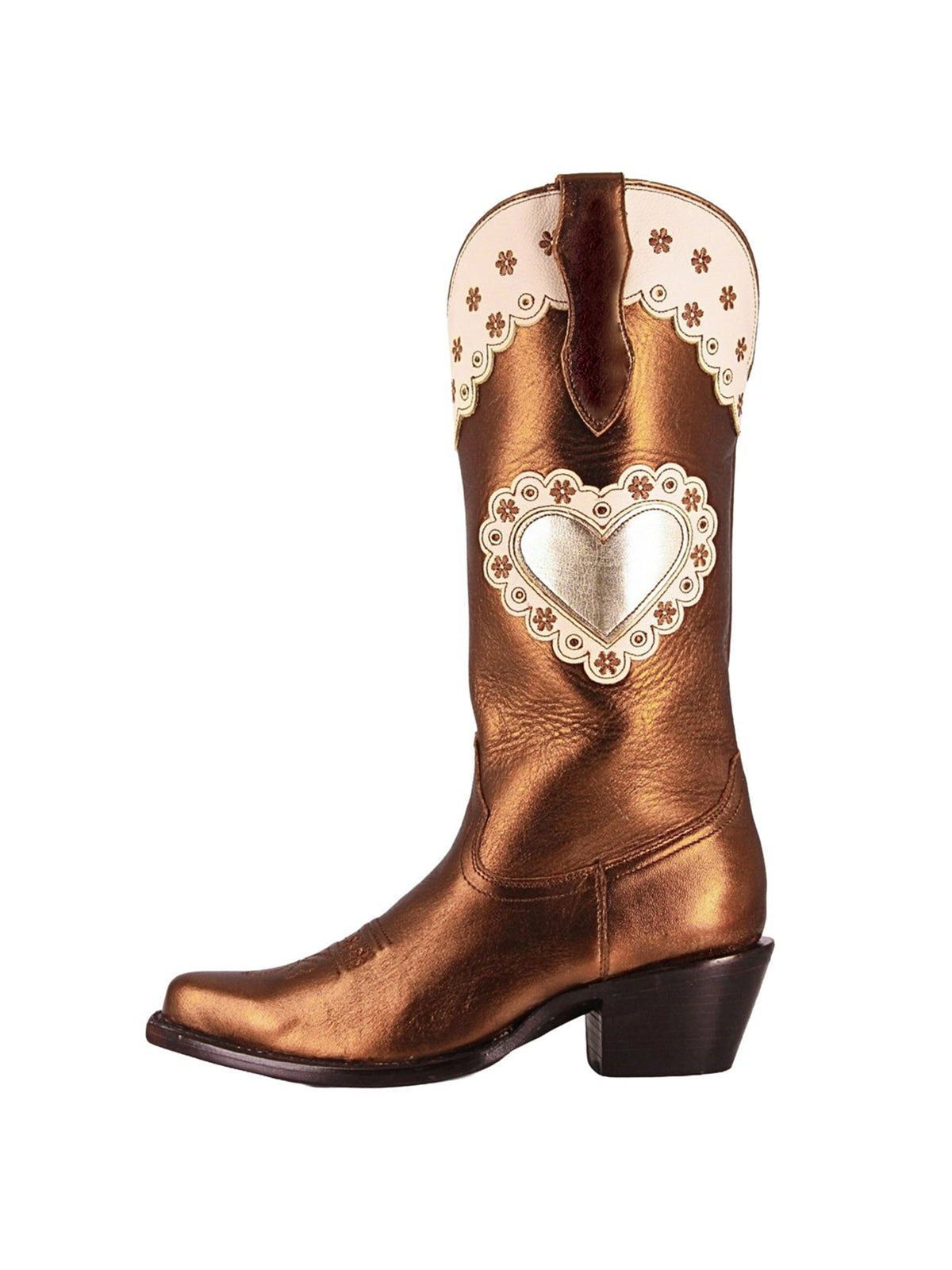 Metallic Copper Snip-Toe Heart Applique And Flowers Embroidery Mid Calf Cowgirl Boots