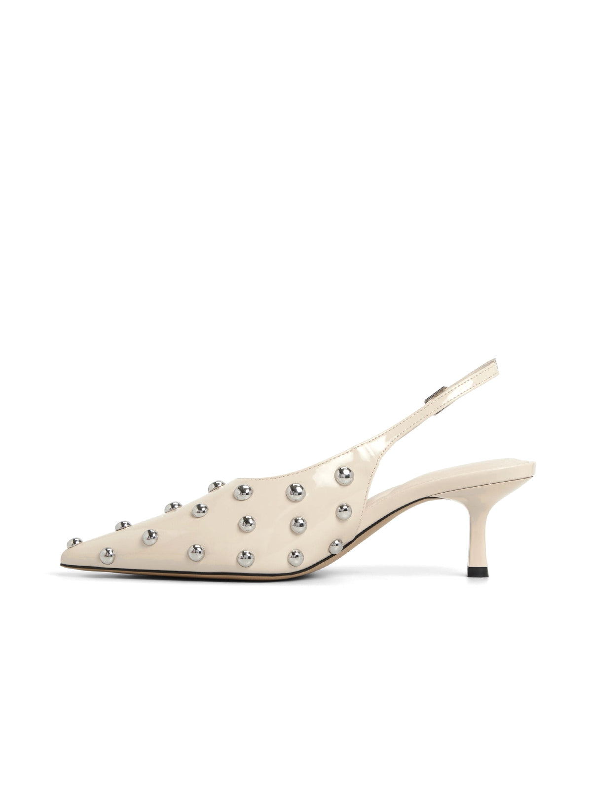 Cream Pointed-Toe Slingback Kitten Heels With Full Studs
