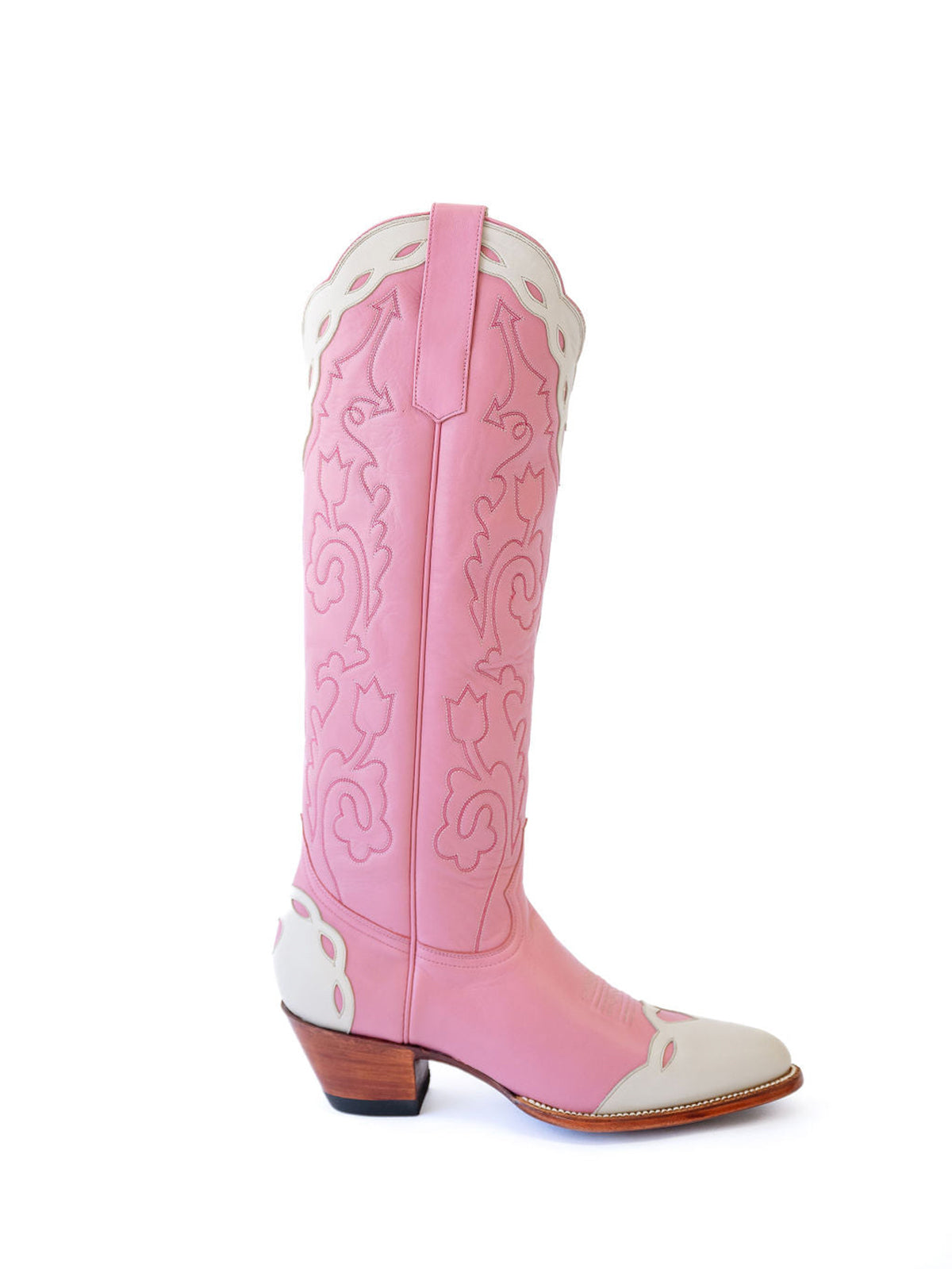 Contrast Pink And Ivory Almond-Toe Embroidery Hearts Inlay Wide Calf Knee High Cowgirl Boots