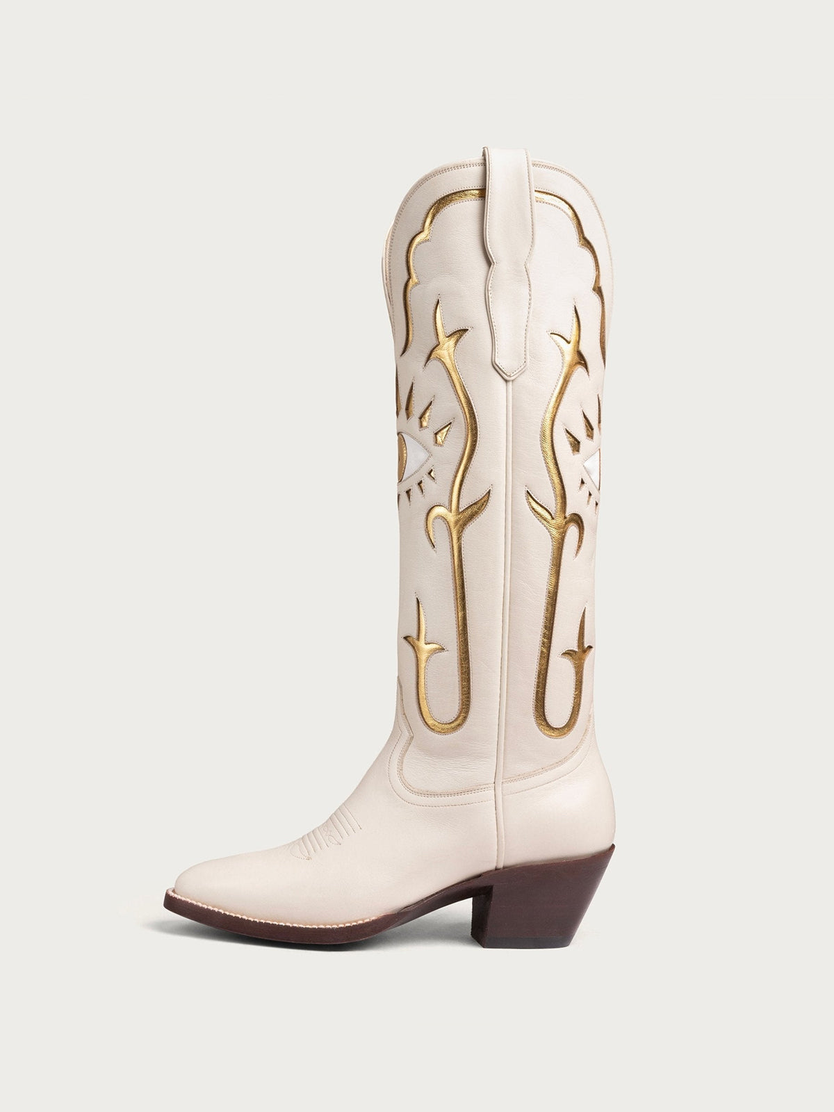 Bone Almond-Toe Gold Evil Eye Inlay Wide Calf Knee High Western Cowgirl Boots