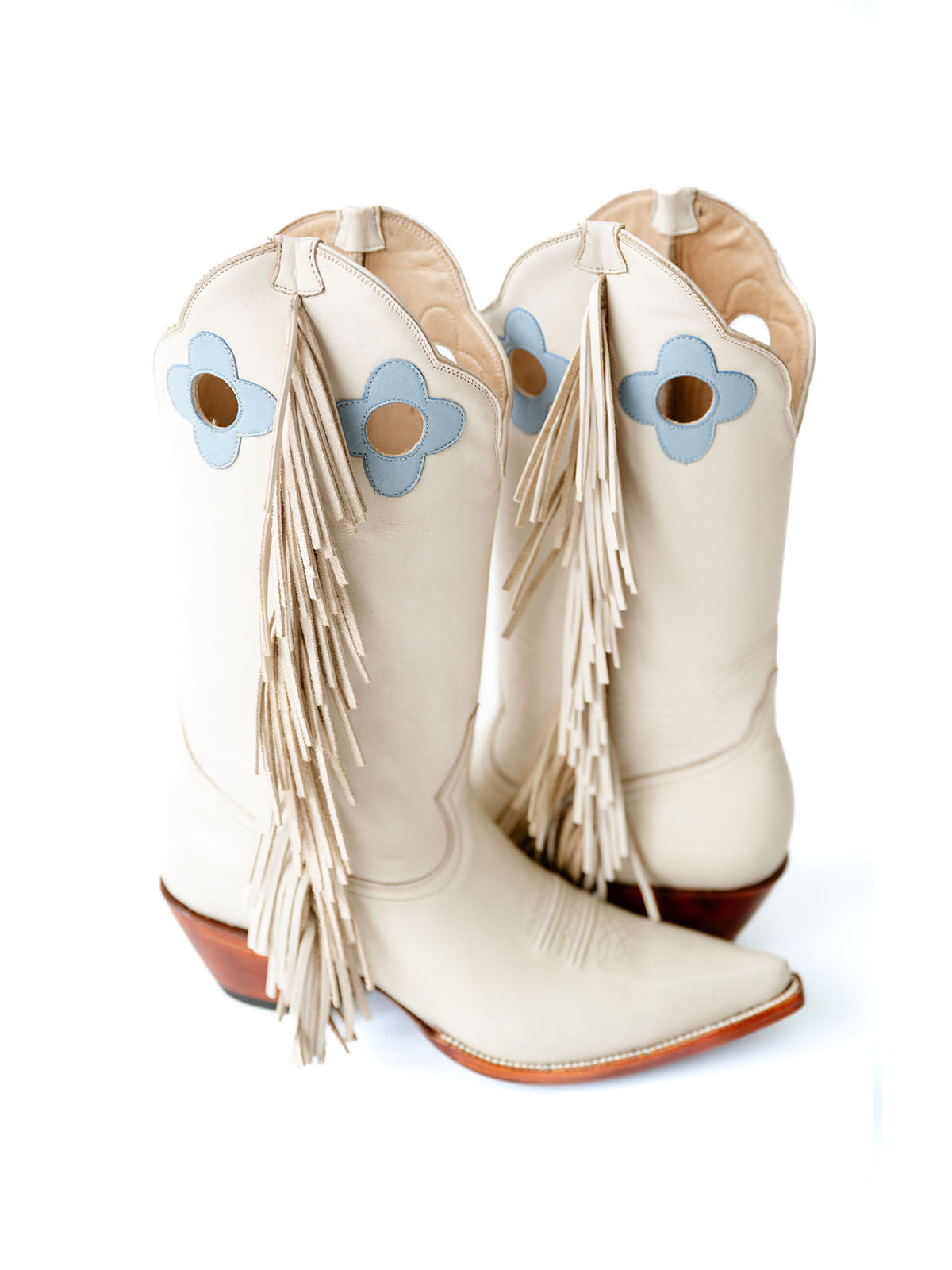 Bone Pointed-Toe Side Fringes And Cutout Mid Calf Cowgirl Boots