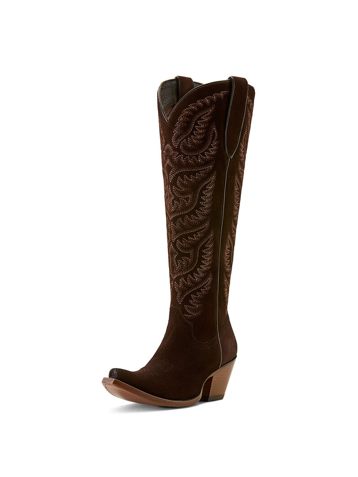 Embroidery Half-Zip Tall Knee High Faux Suede Snip-Toe Cowgirl Boots - Warm Brown