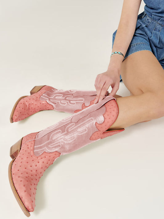Contrast Pink And Ostrich Print Snip-Toe Cactus Embroidery Mid Calf Cowgirl Boots