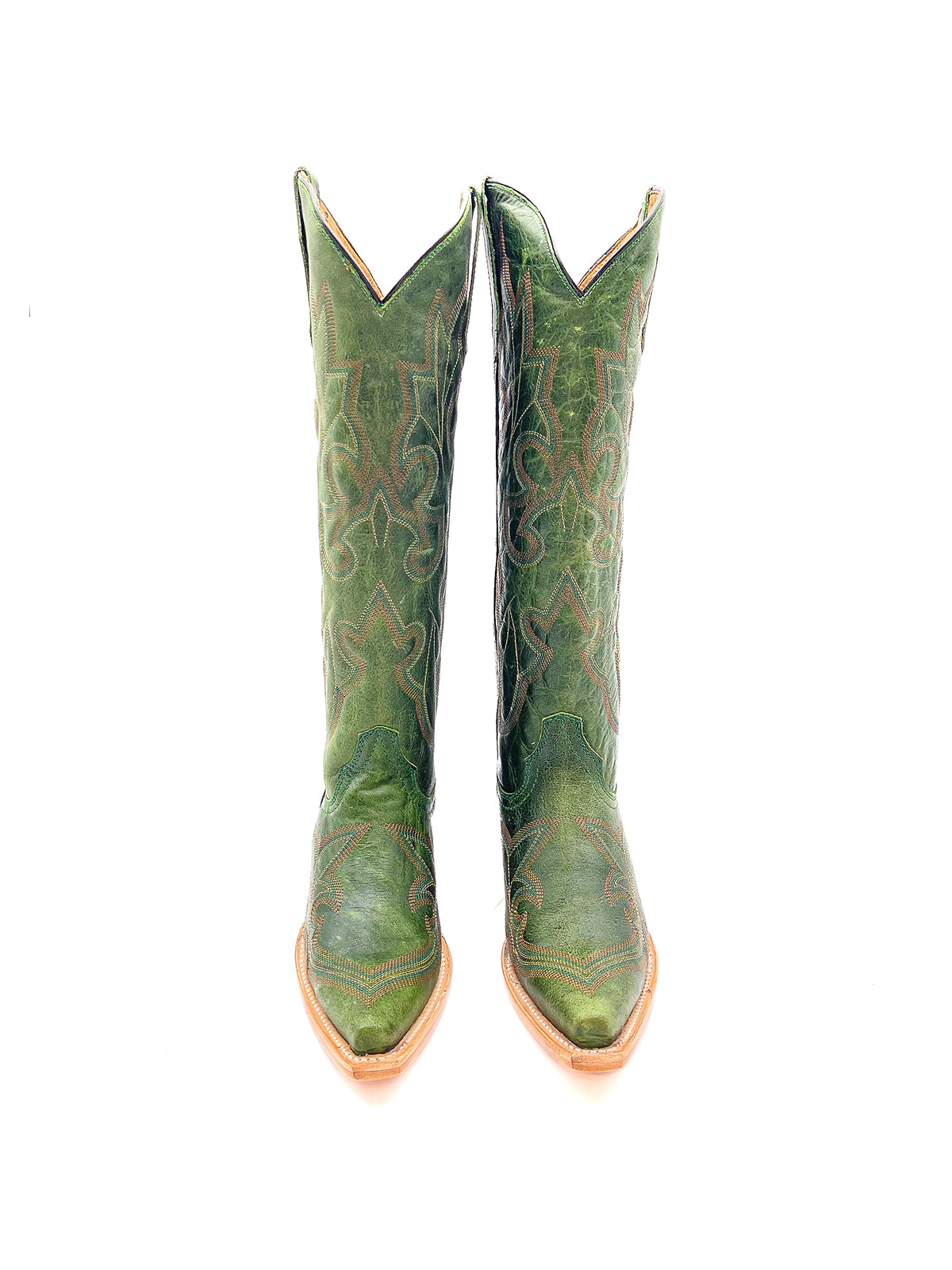 Distressed Green Snip-Toe Classic Embroidery Wide Calf Knee High Cowgirl Boots