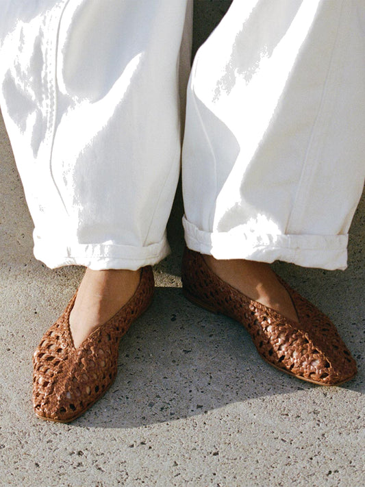 Brown Woven Vegan Leather Square-Toe Chic Ballet Flats