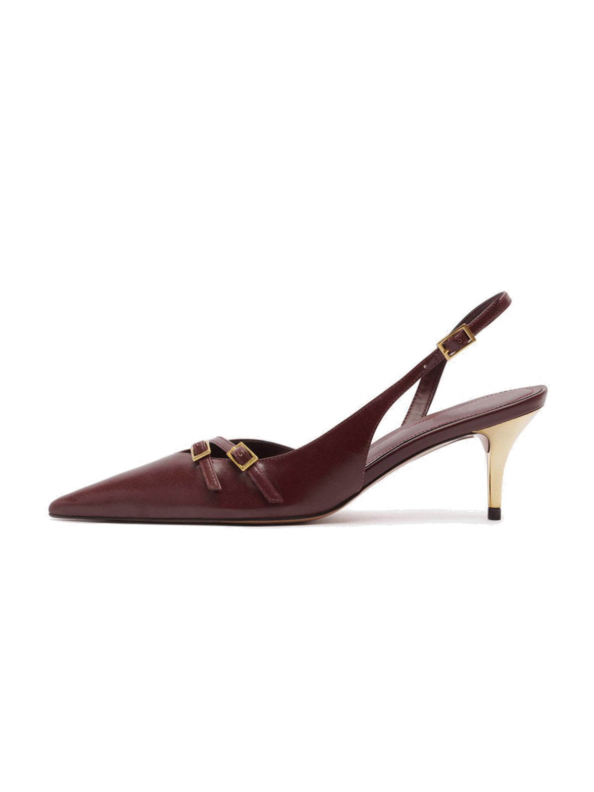 Burgundy Pointed-Toe Front Double Buckle Straps Buckle Slingback Kitten Heels