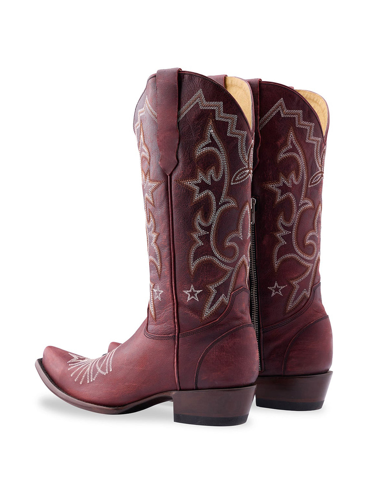 Red Snip-Toe Classic And Star Embroidery Half-Zip Mid Calf Cowgirl Boots