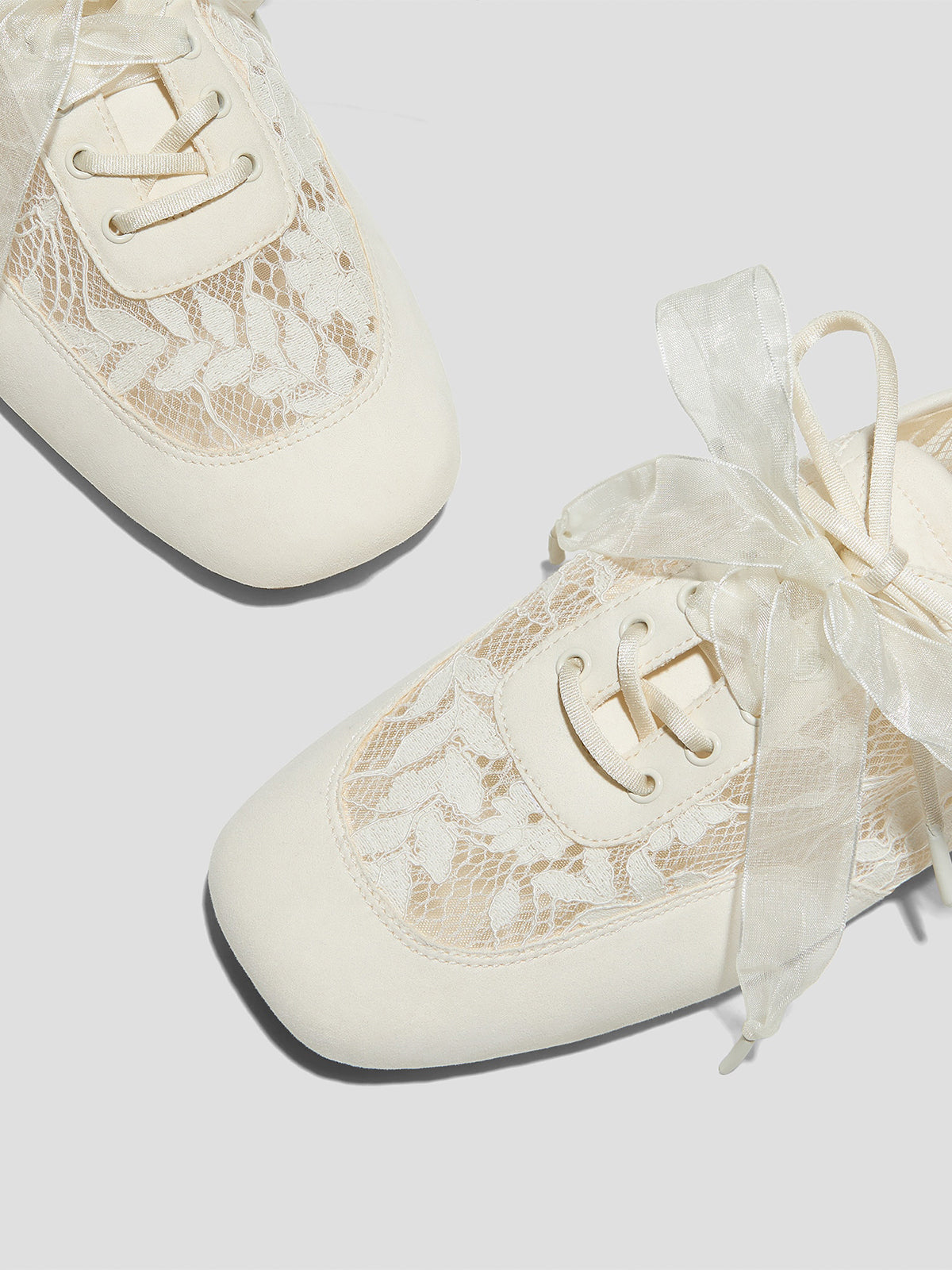 Cream Lace Mesh And Faux Suede Square-Toe Floral Embroidery Lace-Up Flats