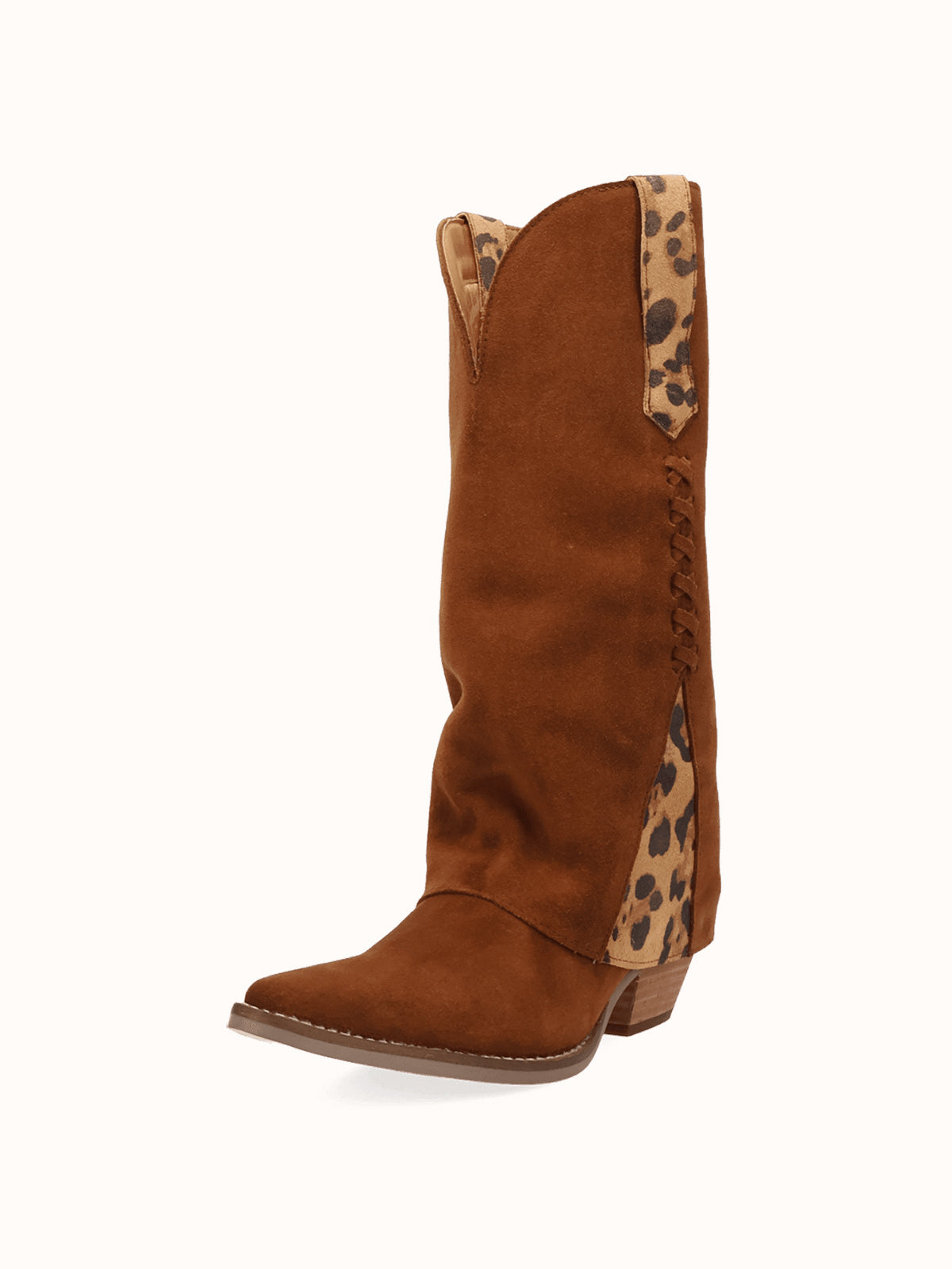Camel Faux Suede And Leopard Pattern Faux Suede Snip-Toe Fold-Over Wide Calf Knee High Cowgirl Boots