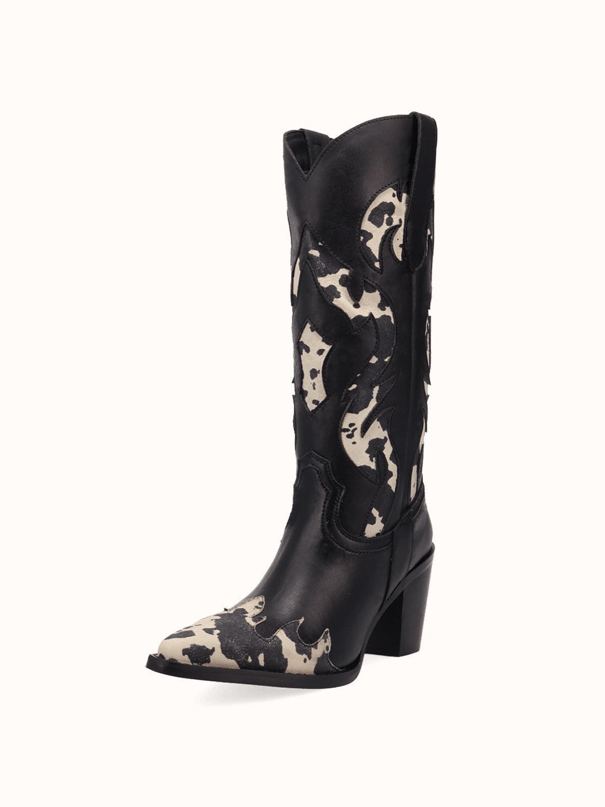 Contrast Black And Cow Pattern Snip-Toe Mid Calf Cowgirl Boots