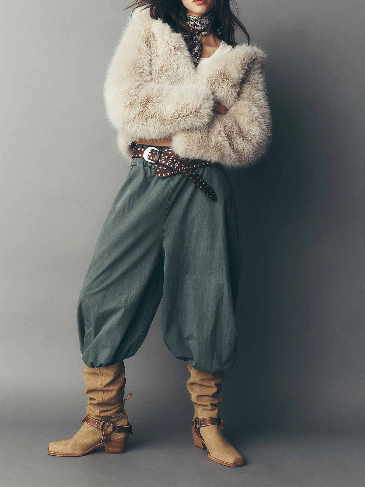 Beige Faux Suede Square-Toe Western Mid Calf Cowgirl Boots