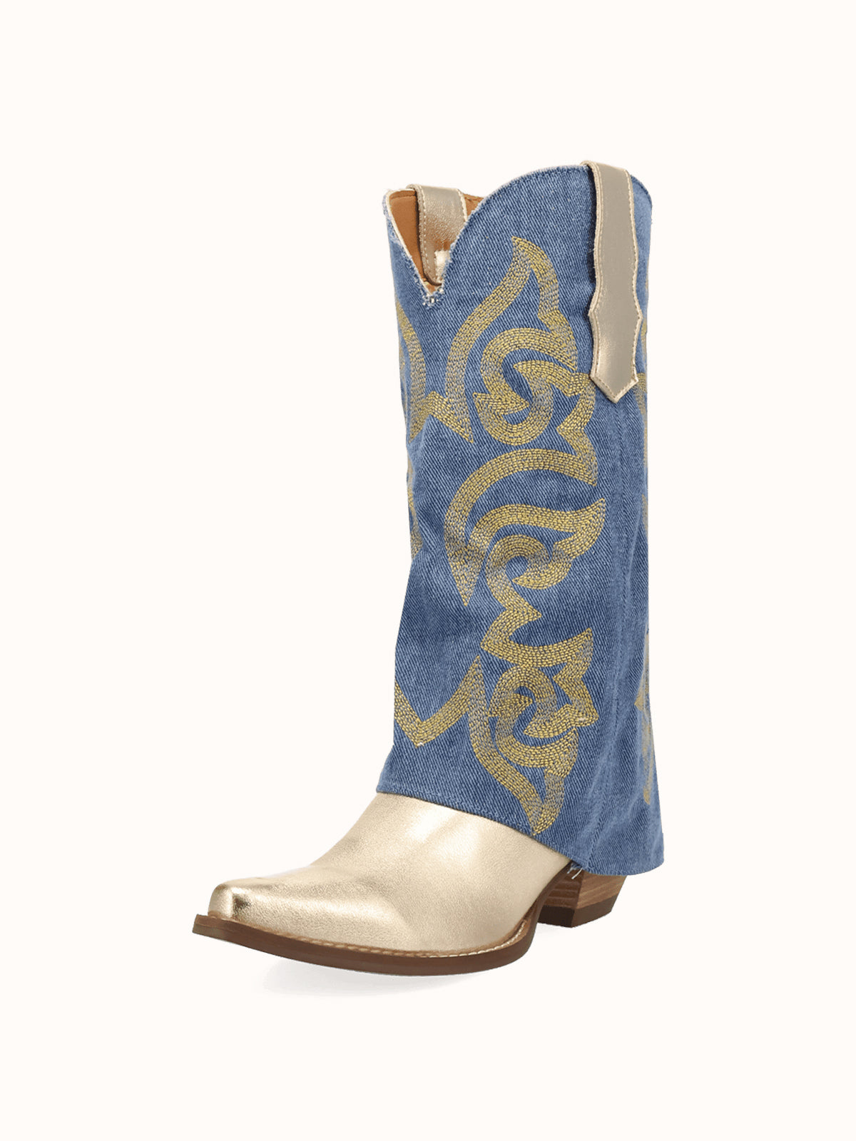 Blue Denim And Gold Snip-Toe Embroidery Fold-Over Wide Calf Knee High Cowgirl Boots