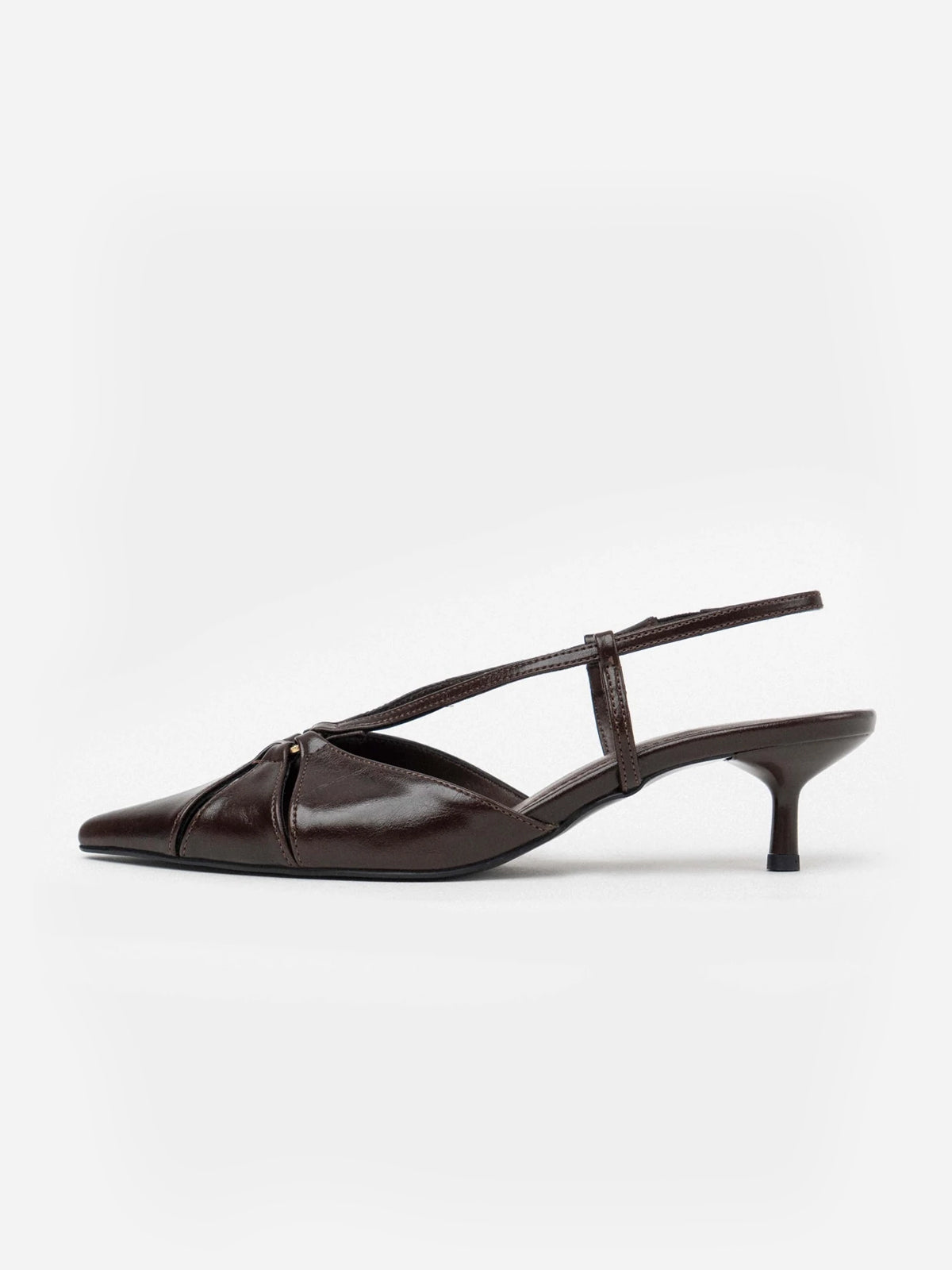 Brown Pointed-Toe Elastic Strap Slingback Kitten Heels