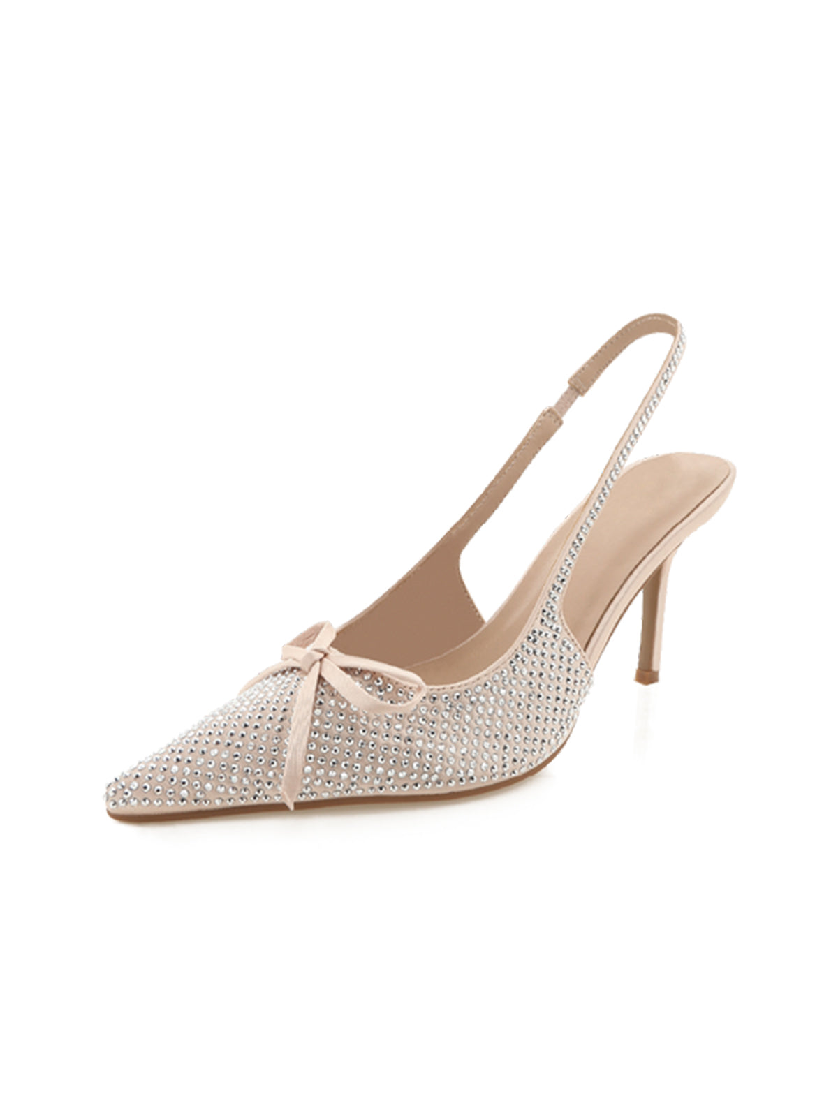 Champagne Satin Rhinestones Pointed-Toe Front Bow Slingback High Heels