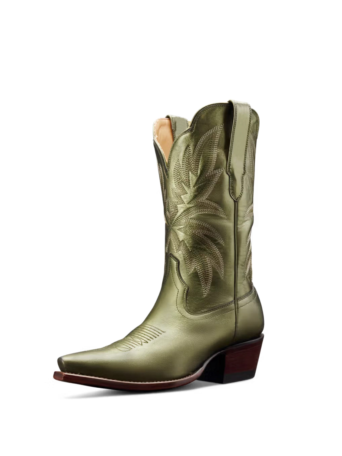 Retro Embroidery Snip-Toe Mid Calf Cowgirl Boots - Metallic Green