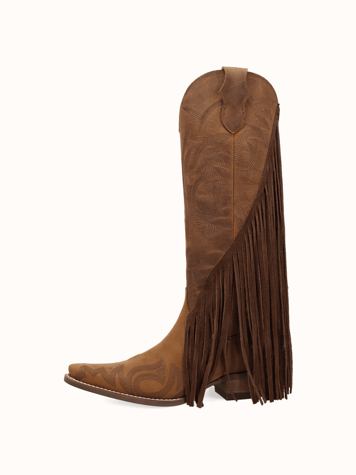 Brown Snip-Toe Faux Suede Side Fringe Embroidery Wide Calf Knee High Cowgirl Boots