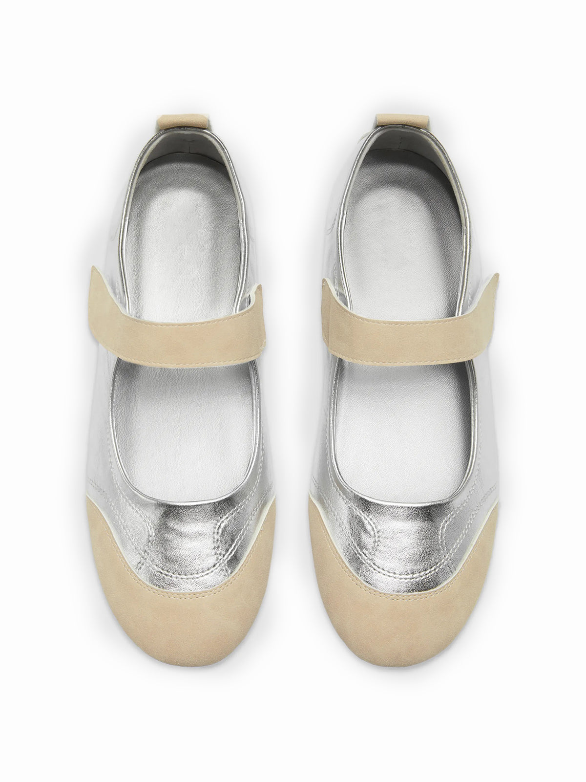Beige And Silver Round-Toe Chic Mary Jane Classic Flats