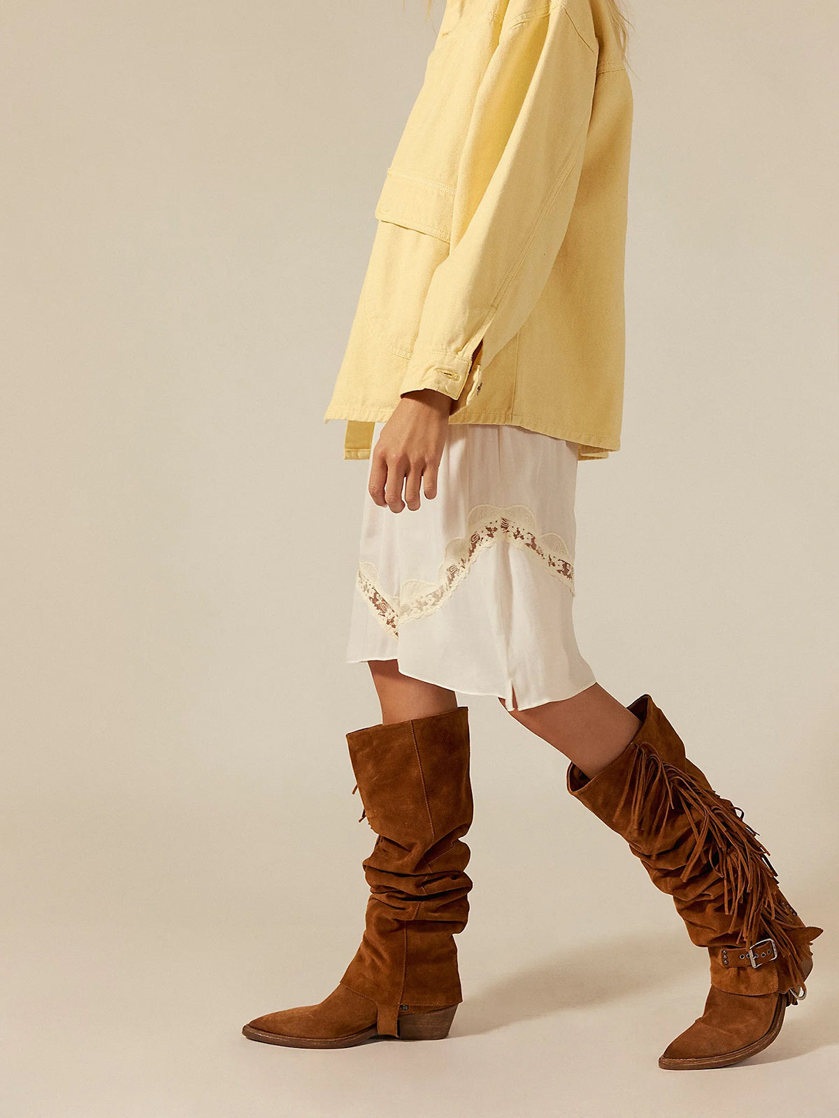 Tan Faux Suede Pointed-Toe Side Fringe Buckle Strap Over-The-Knee Cowgirl Boots