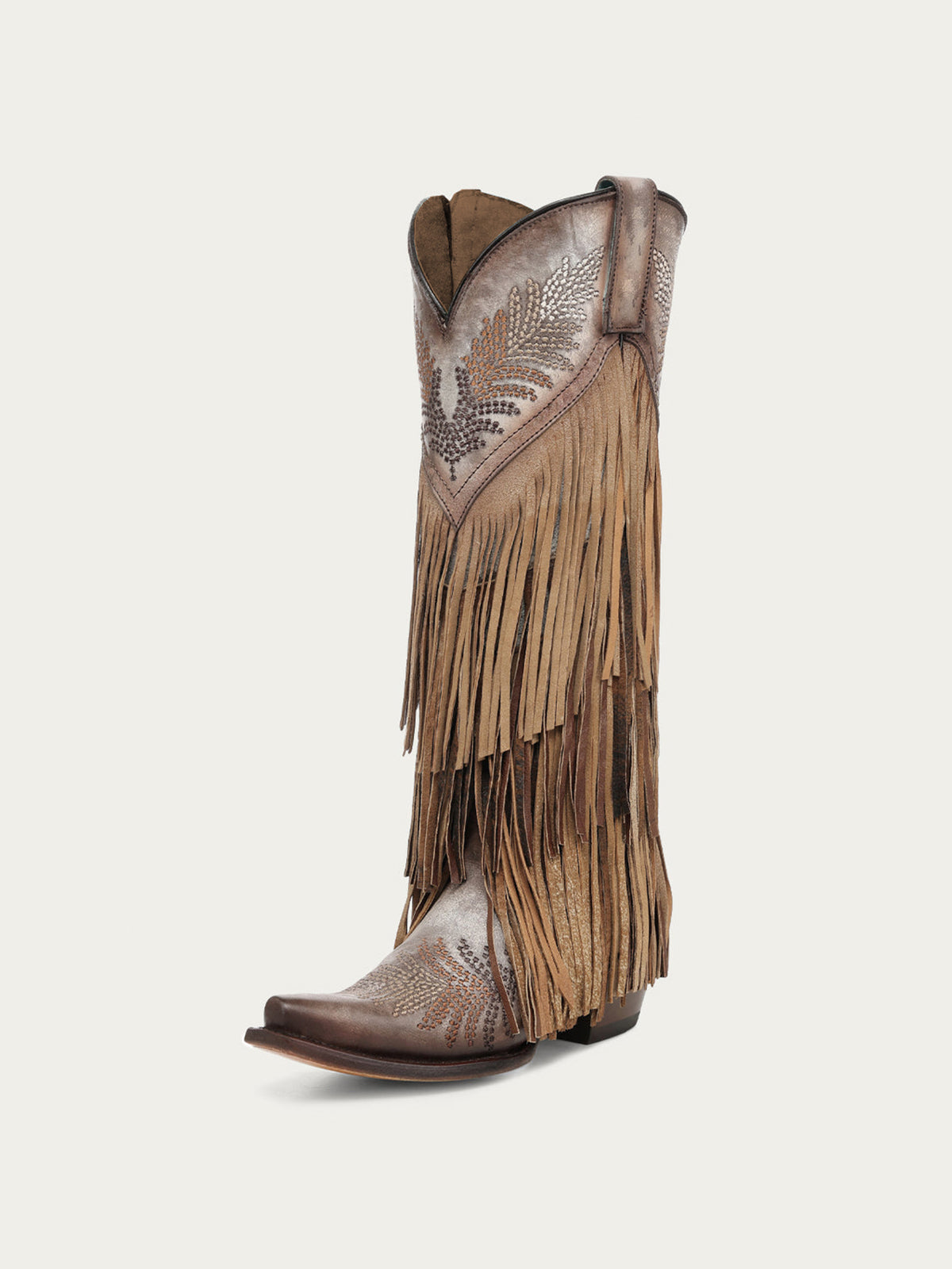 Brown Faux Suede Snip-Toe Chic Fringe And Embroidery Full-Zip Knee High Cowgirl Boots