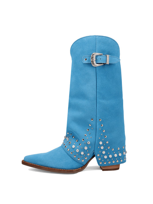 Blue Faux Suede Snip-Toe Fold-Over Rhinestones Top Buckle Mid Calf Cowgirl Boots