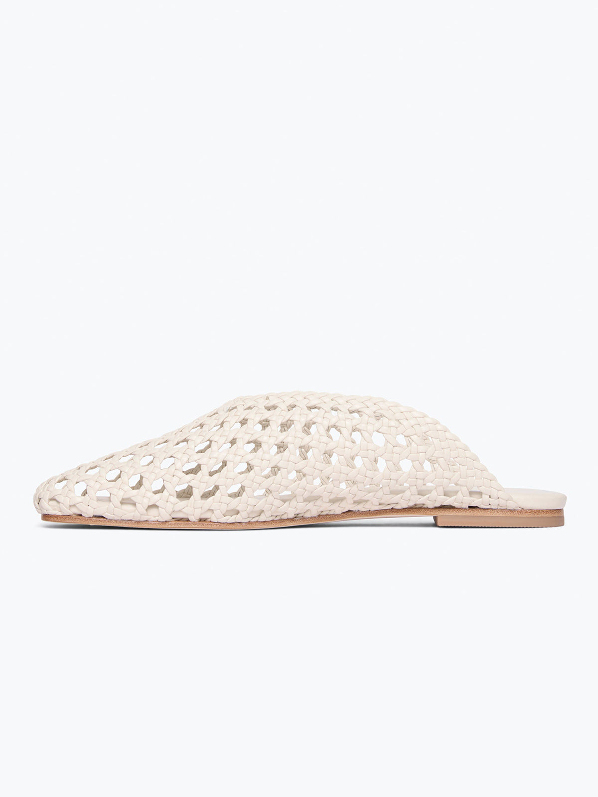 Woven Vegan Leather Square-Toe Ankle Lace-Up Backless Flats - Bone