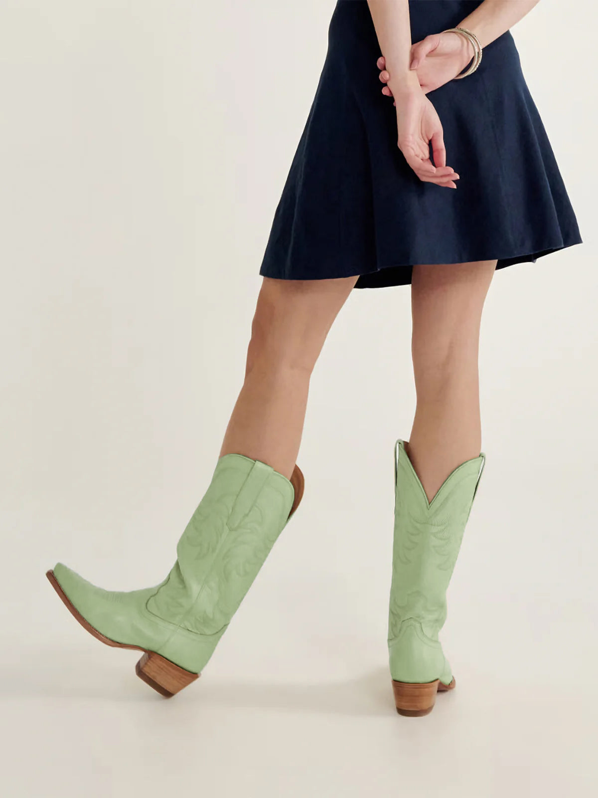 Grass Green Snip-Toe Embroidery Wide Calf Knee High Cowgirl Boots