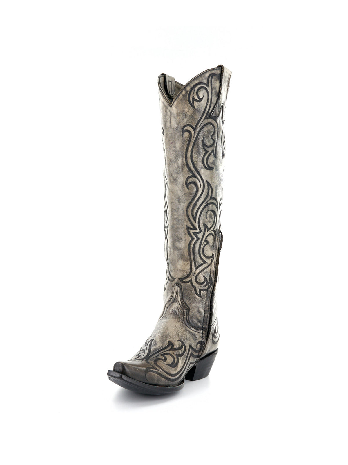 Distressed Bone Snip-Toe Delicate Embroidery Half-Zip Knee High Cowgirl Boots