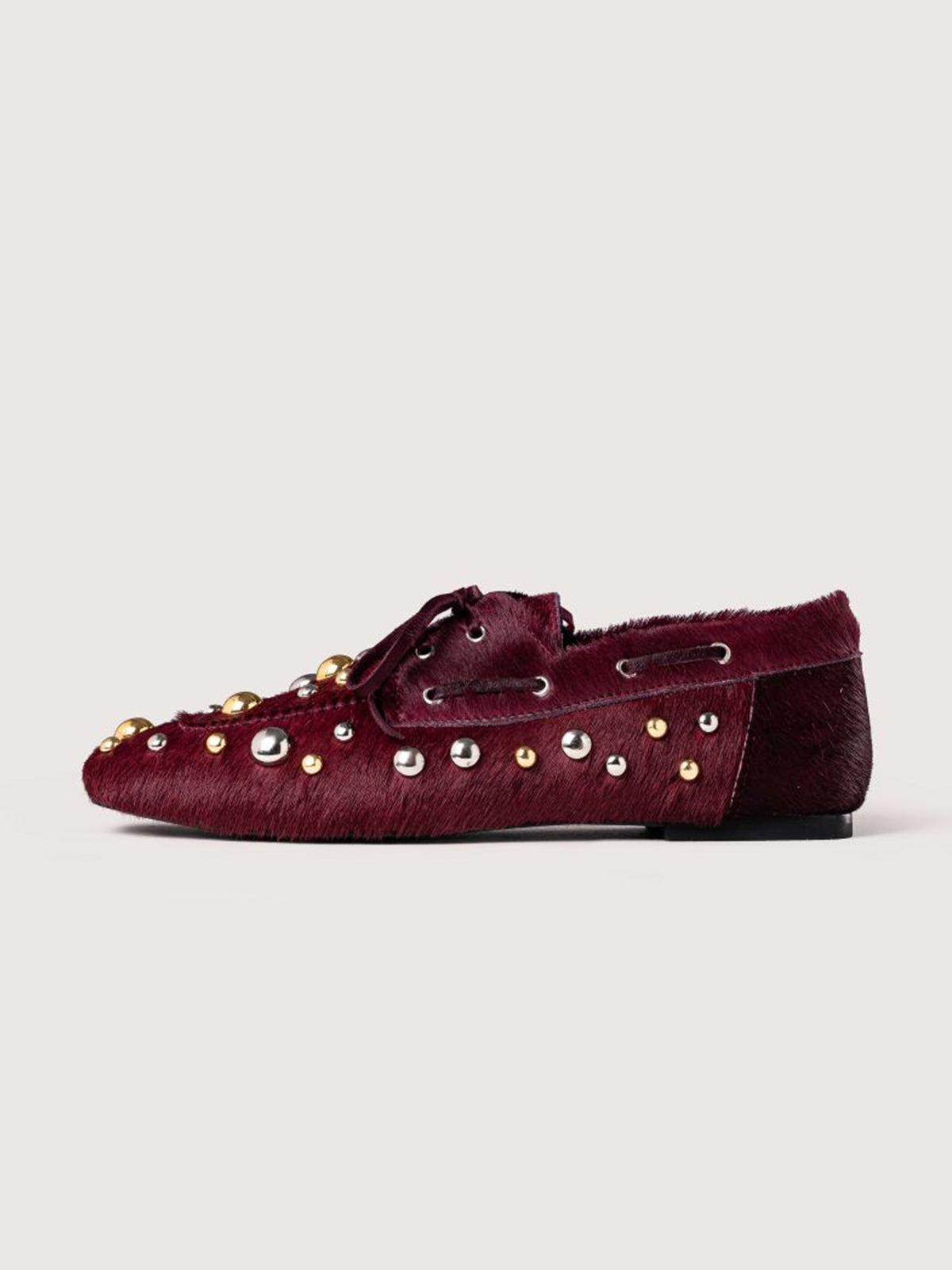 Burgundy Pony Hair Vegan Leather Square-Toe Studs And Bow Flats