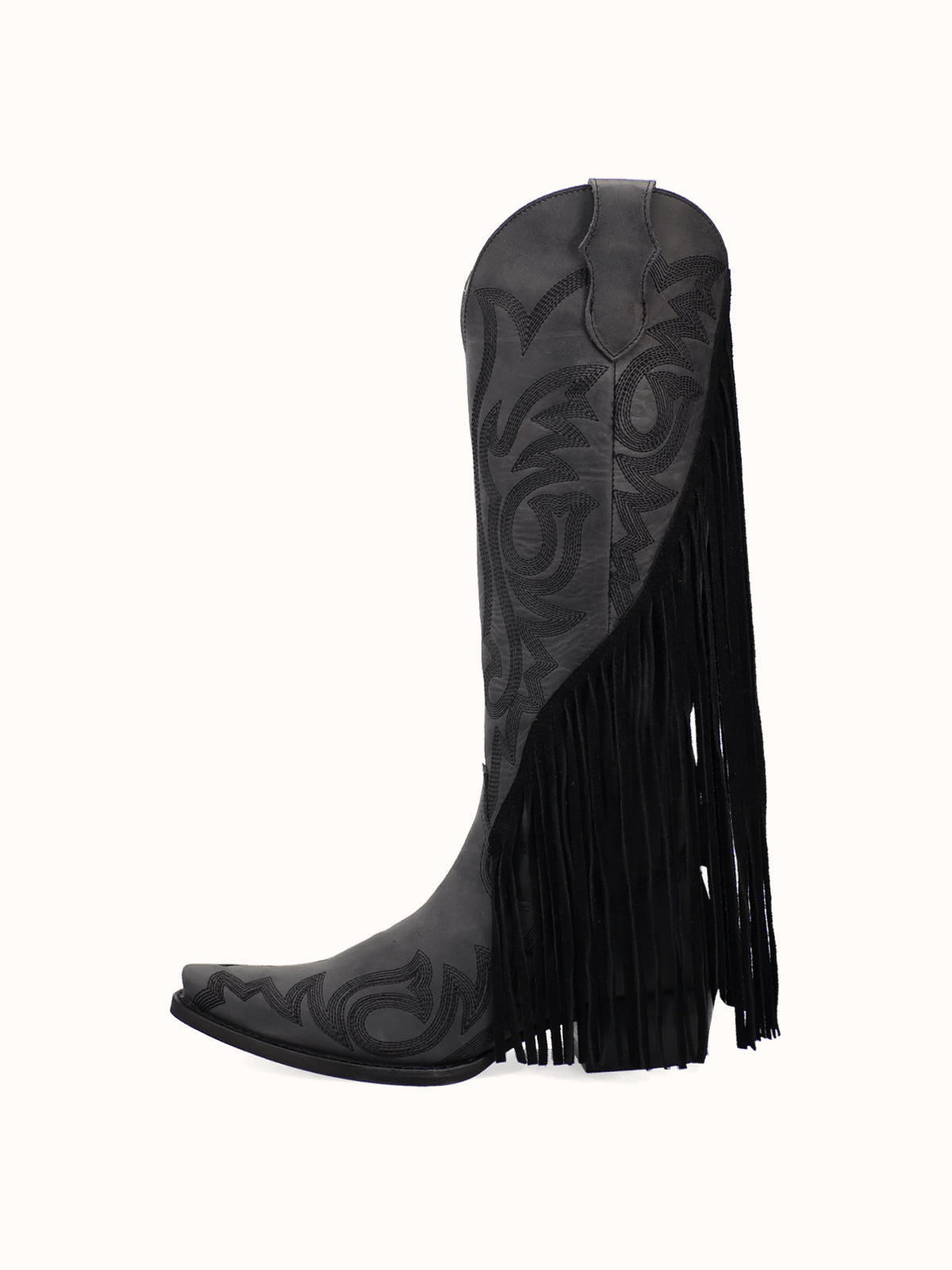 Black Snip-Toe Faux Suede Side Fringe Embroidery Wide Calf Knee High Cowgirl Boots