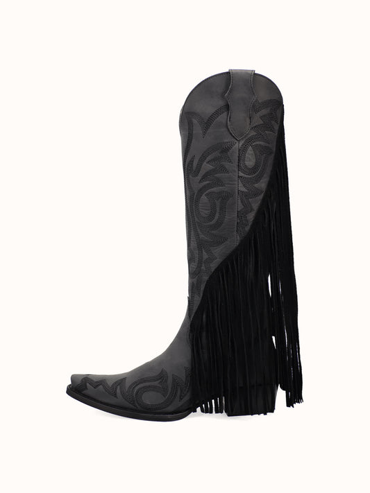 Black Snip-Toe Faux Suede Side Fringe Embroidery Wide Calf Knee High Cowgirl Boots