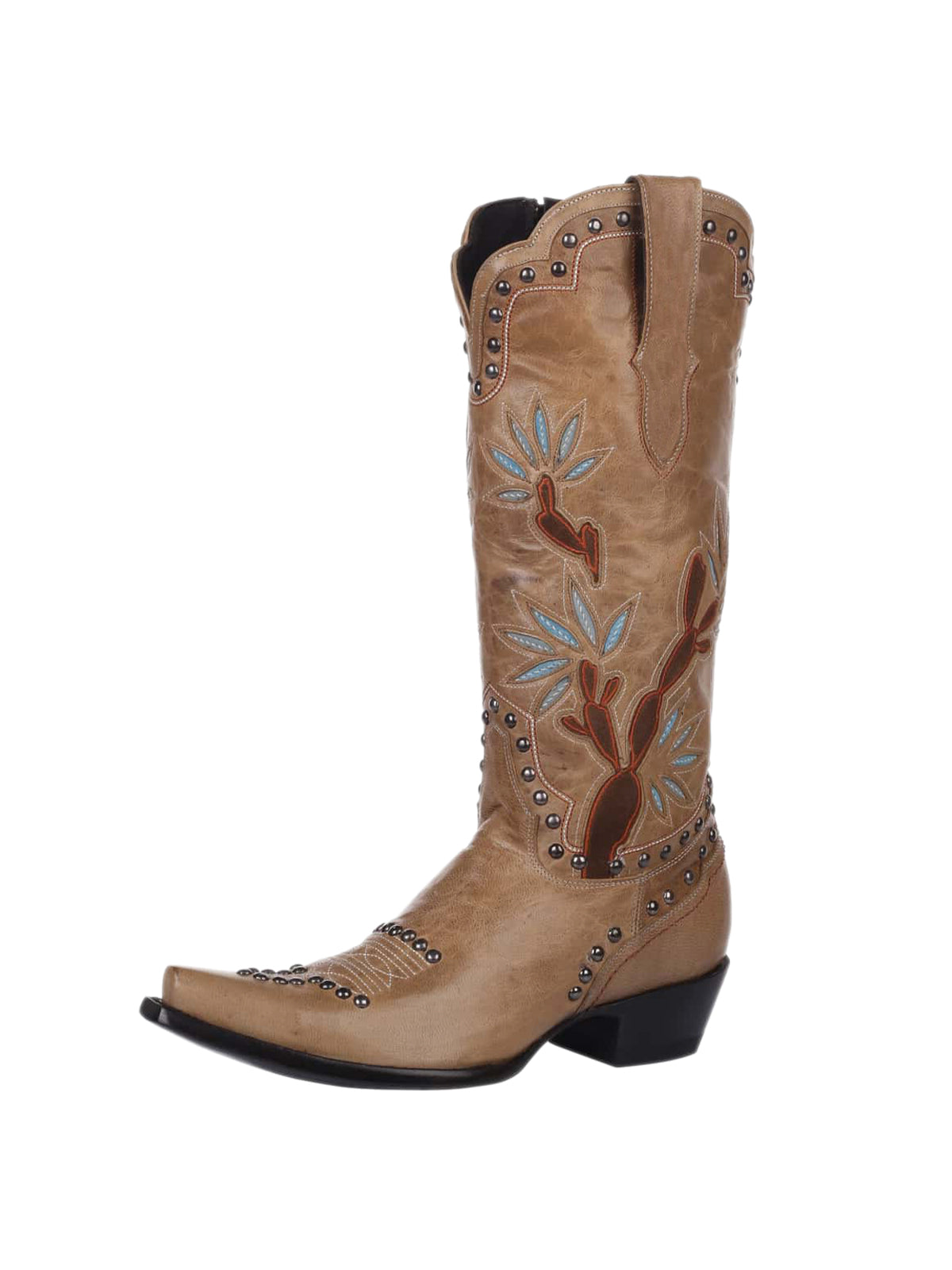 Tan Snip-Toe Cactus Inlay Studded Full-Zip Knee High Cowgirl Boots