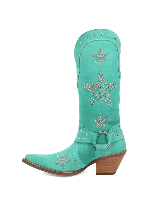 Green Faux Suede Snip-Toe Studded Stars Buckle Strap Mid Calf Cowgirl Boots