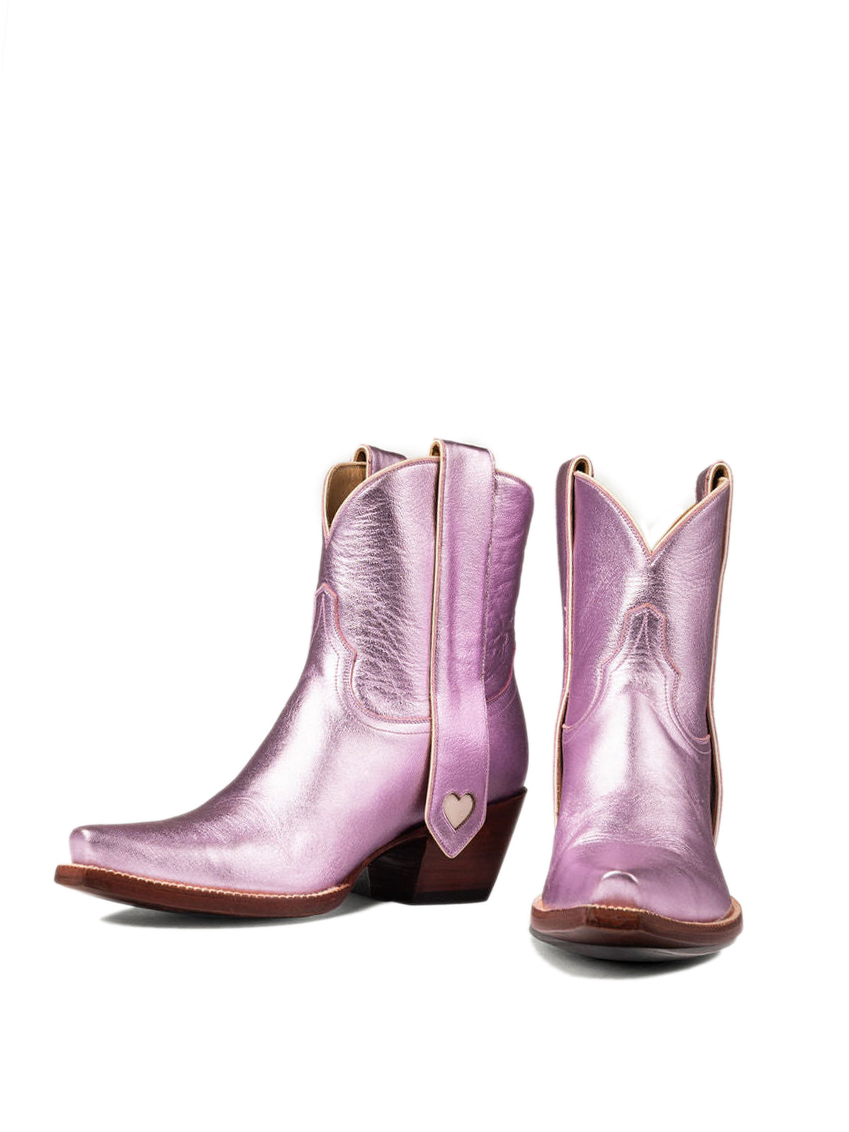 Metallic Pink Snip-Toe Long Ear Pull  With Heart Inlay Ankle Boots