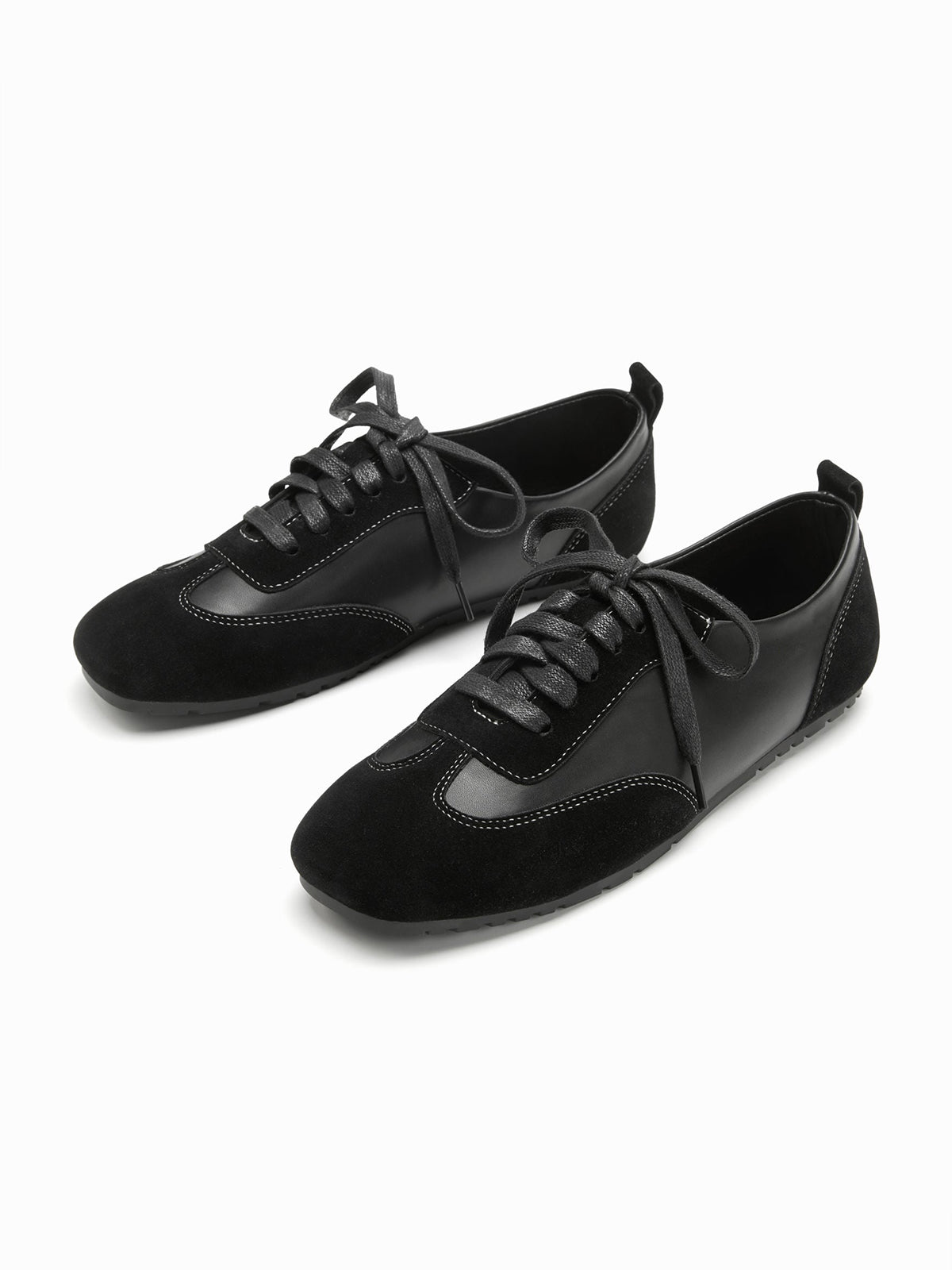 Black Cow Suede And Cow Leather Square-Toe Lace-Up Flats Sneakers