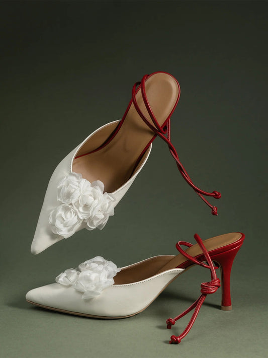 Ivory Pointed-Toe Front Floral Detail Backless Chic High Heels