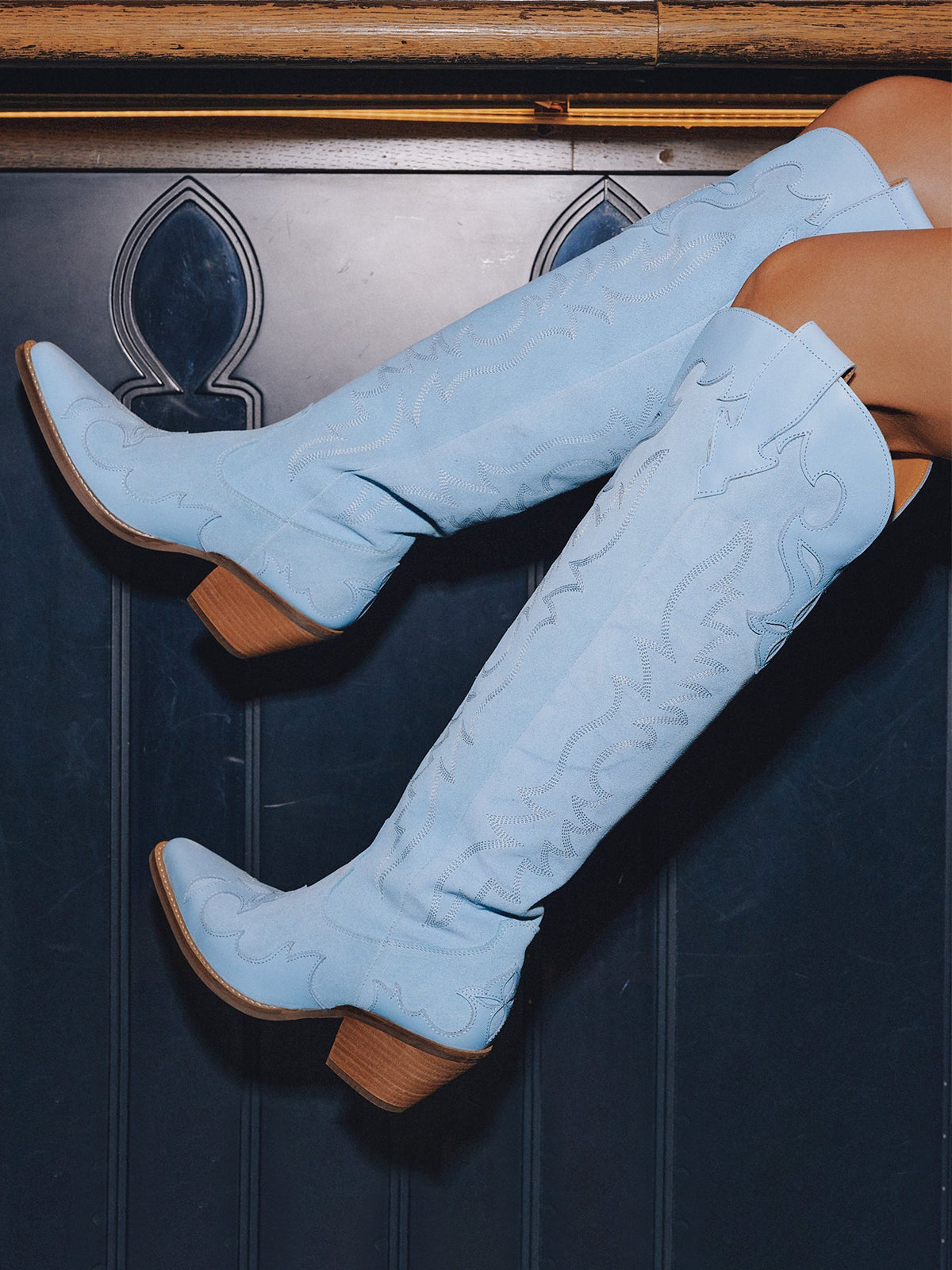Blue Faux Suede Snip-Toe Embroidery Vegan Leather Applique Wide Calf Knee High Cowgirl Boots