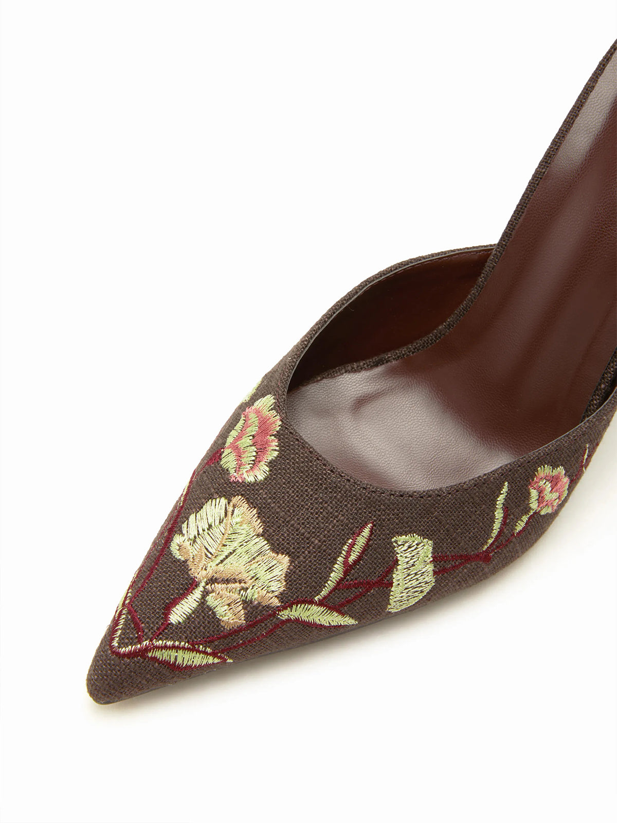 Coffee Woven Canvas Pointed-Toe Flower Embroidery Slip-On High Heels
