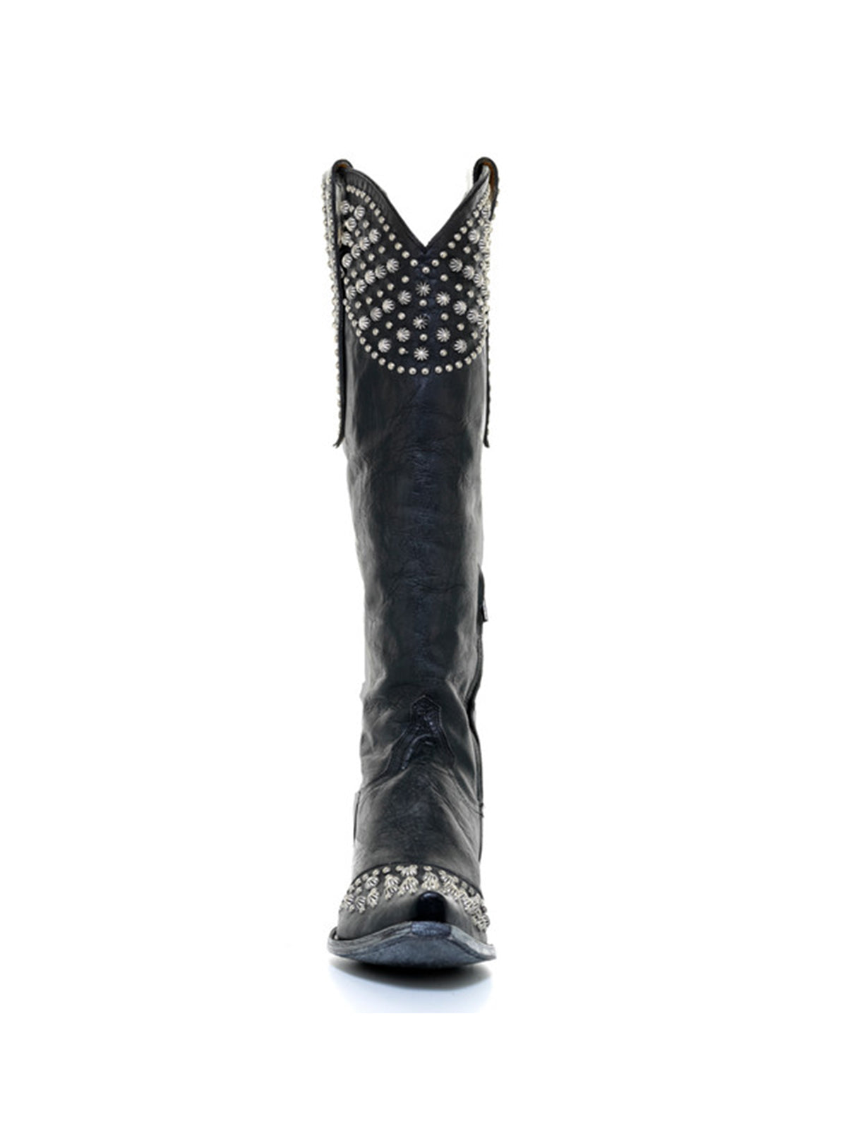 Black Snip-Toe Studs Half-Zip Knee High Cowgirl Boots