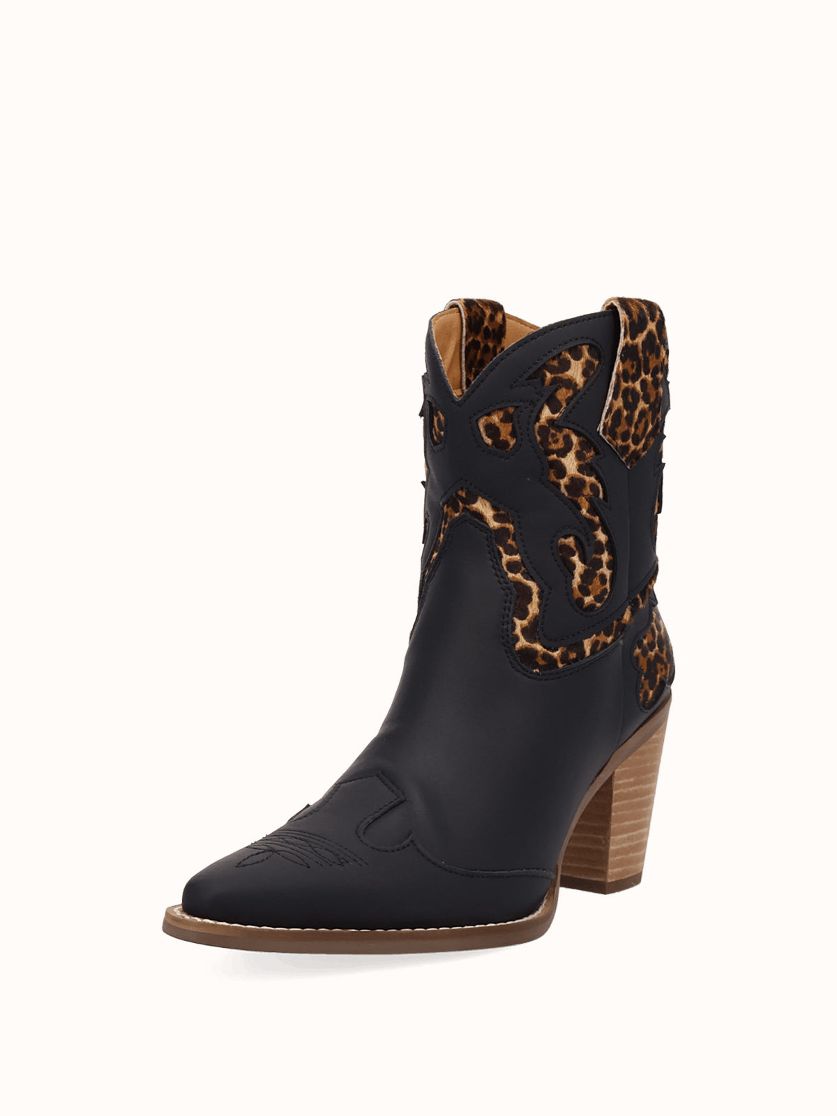 Black And Leopard Pattern Snip-Toe Sleek Ankle Cowgirl Boots
